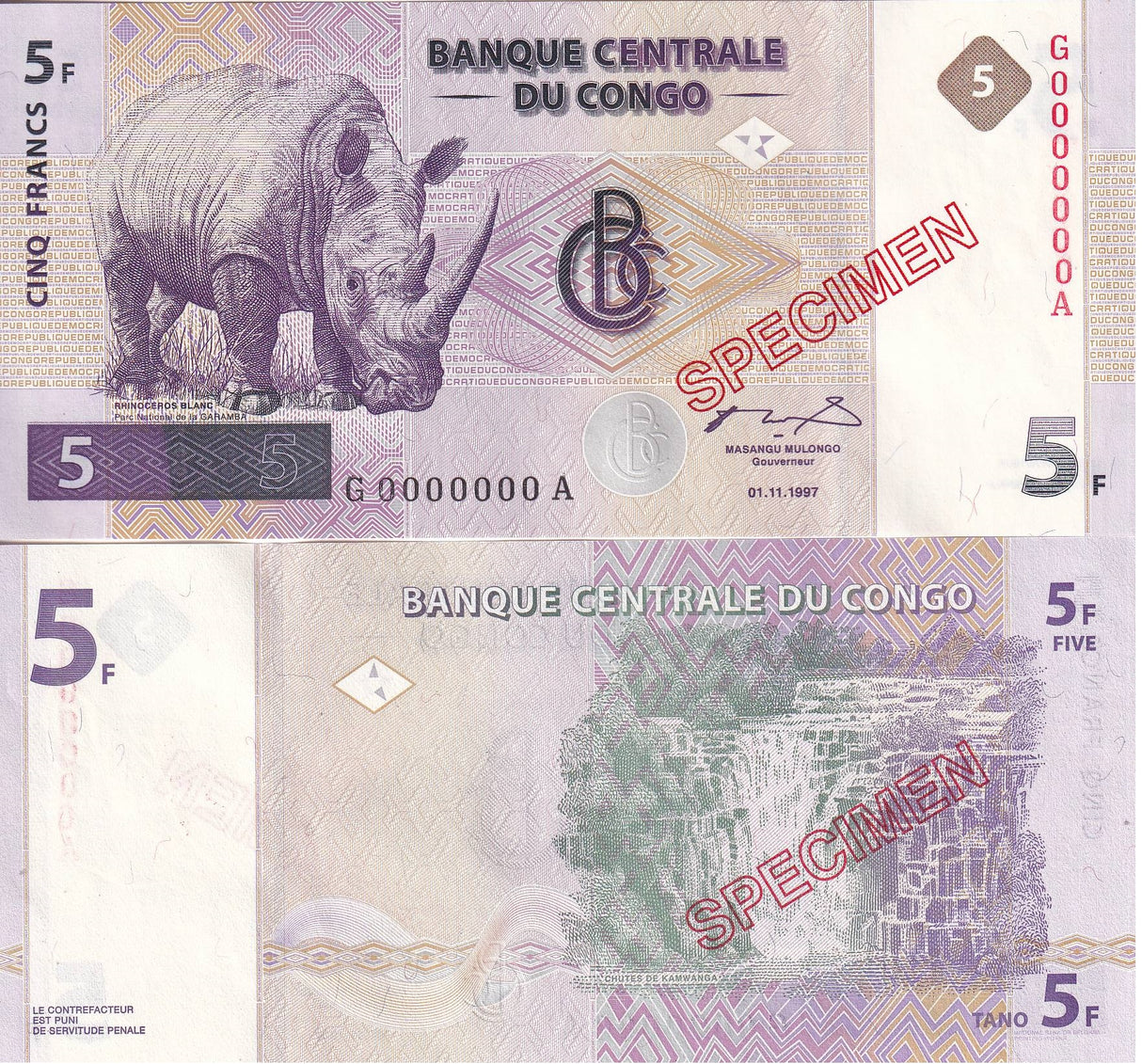 CONGO 5 FRANCS 1997 (1998) P 86 SPECIMEN UNC