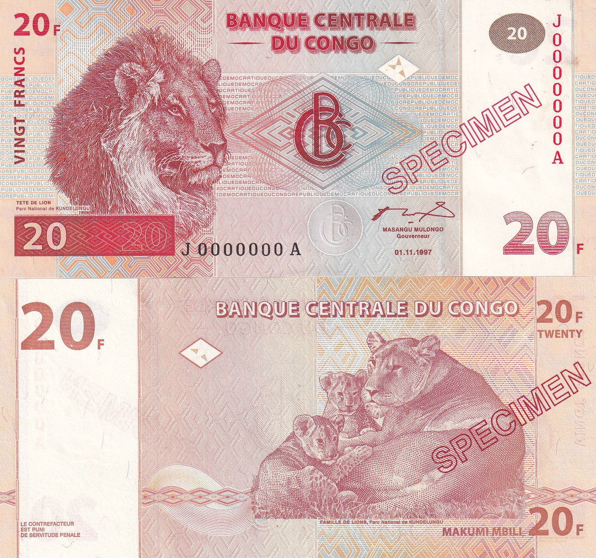 Congo 20 Francs 1997 (1998) P 88 SPECIMEN UNC