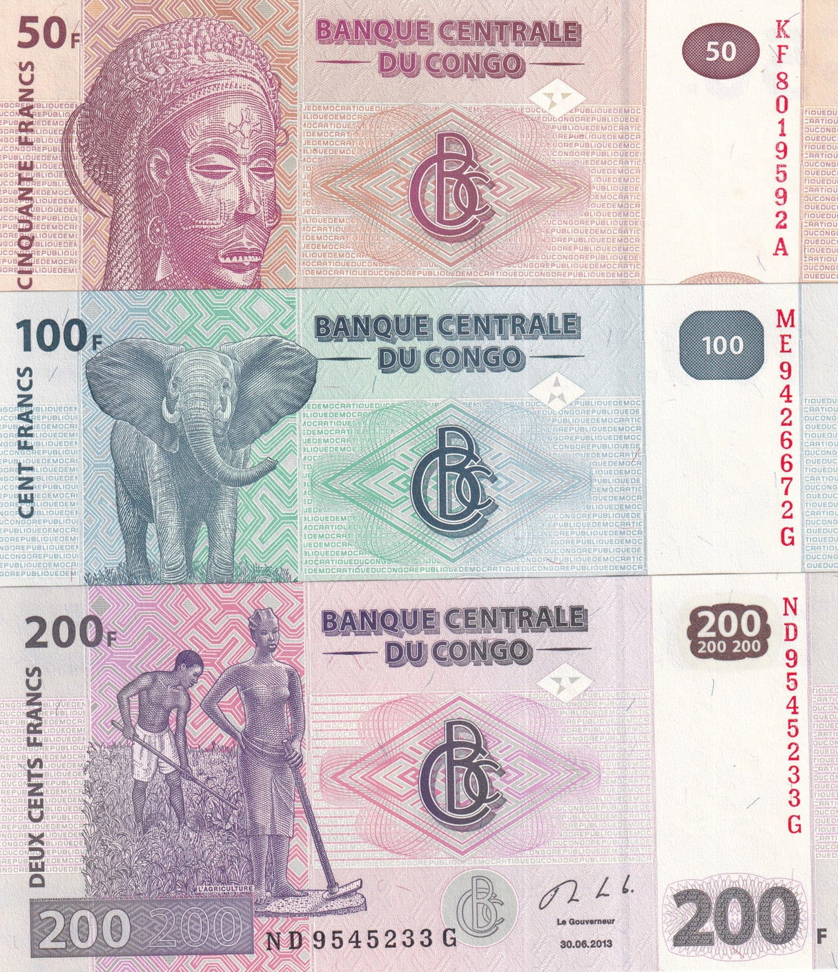 Congo Set 3 Pcs 50 100 200 Francs Random Date P 97 98 99 UNC