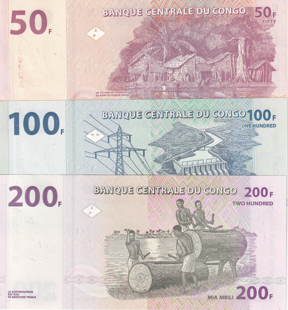 Congo Set 3 Pcs 50 100 200 Francs Random Date P 97 98 99 UNC