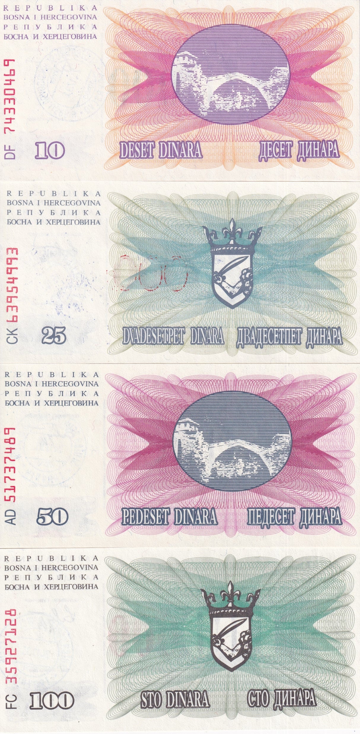 Bosnia Set 4 Pcs 10000 - 100000 Dinara 1993 P 53 54 55 56 UNC