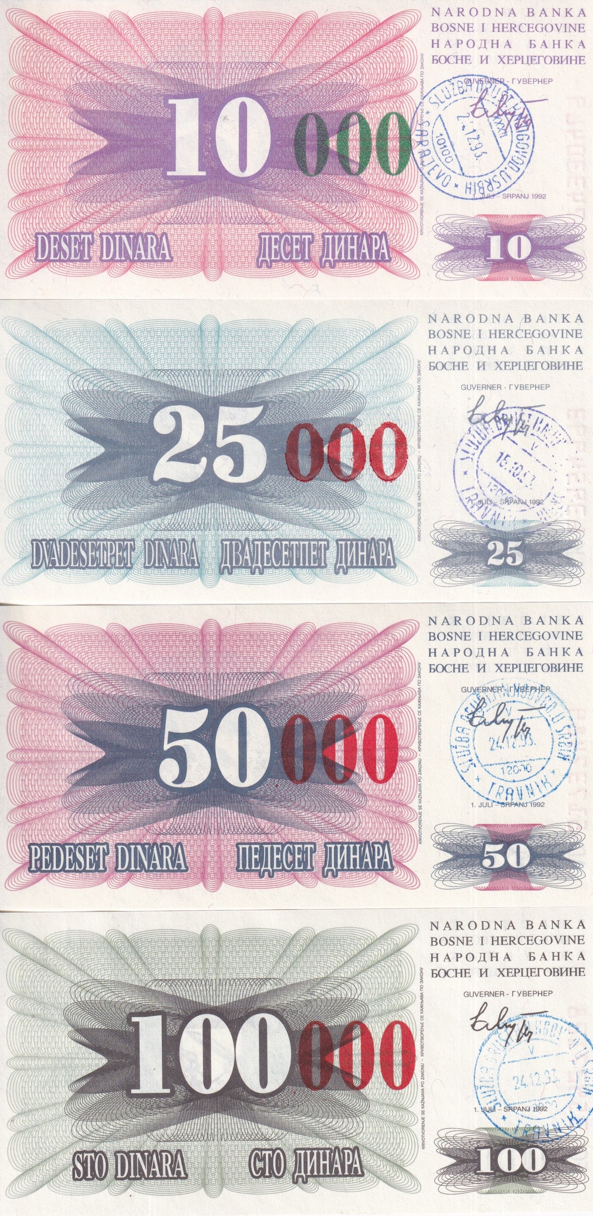 Bosnia Set 4 Pcs 10000 - 100000 Dinara 1993 P 53 54 55 56 UNC