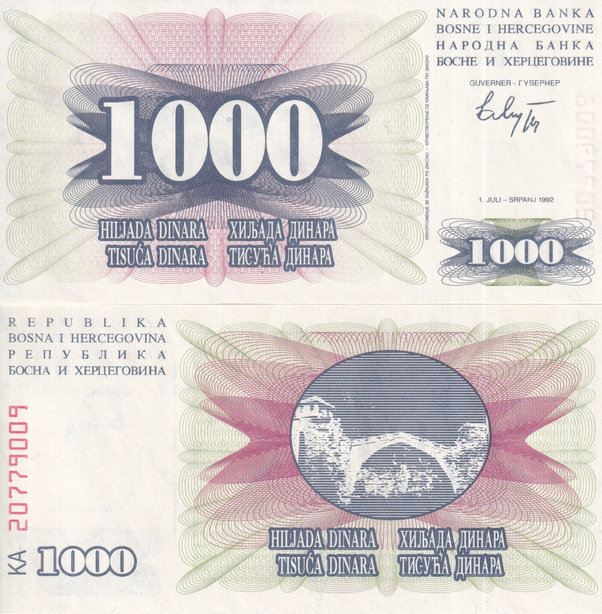 BOSNIA 1,000 1000 DINARA 1992 P 15 UNC