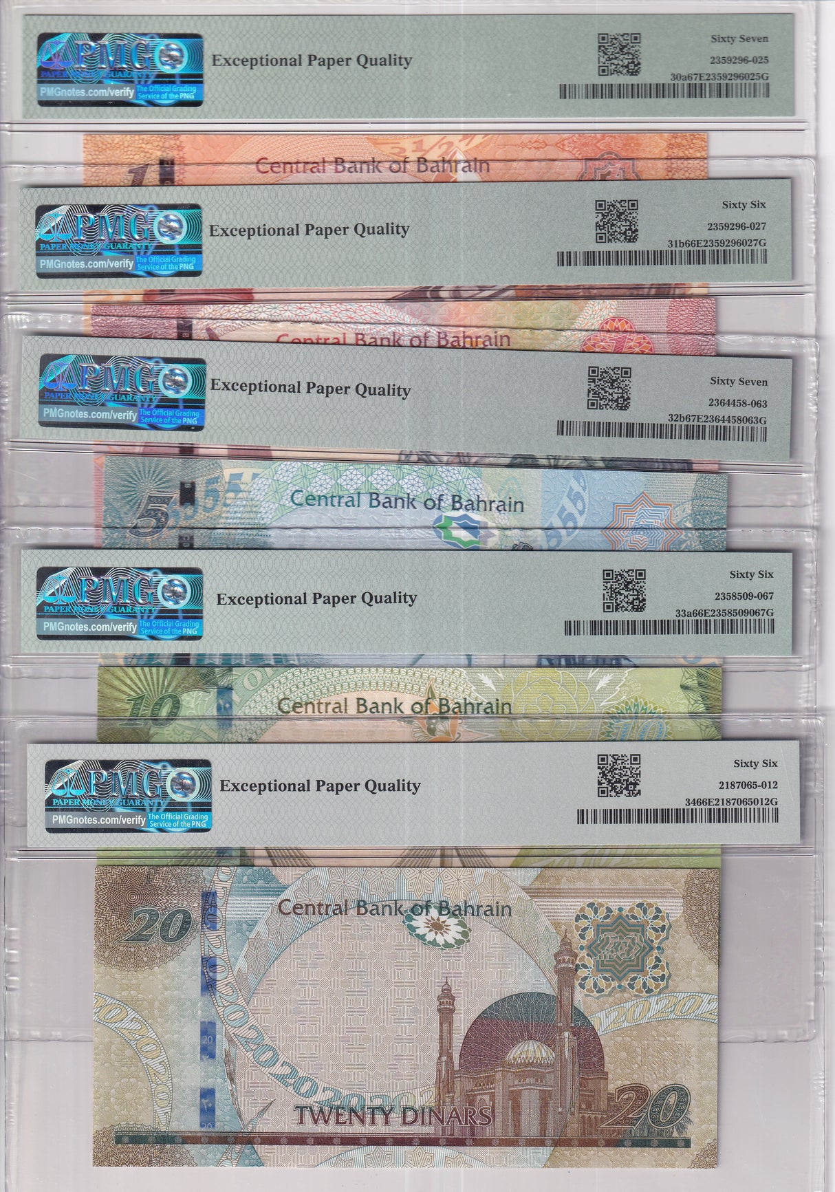 Bahrain Set 5; 1/2 1 5 10 20 Dinars ND 2016 P 30-P 34 Gem UNC PMG 66 67 EPQ