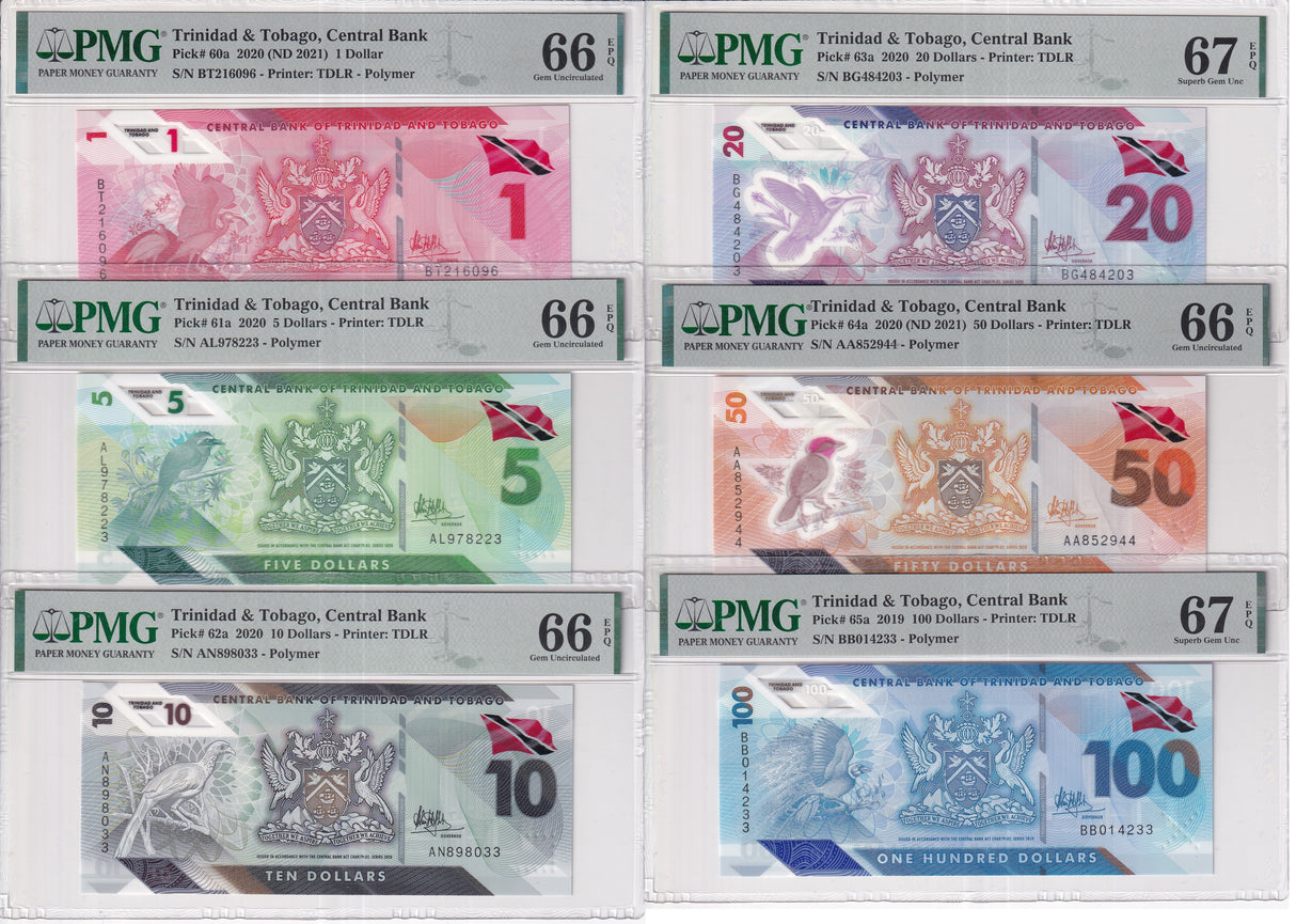 Trinidad & Tobago set 6, 1 5 10 20 50 100 D 2020 P 60 a Gem UNC PMG 66 67 EPQ