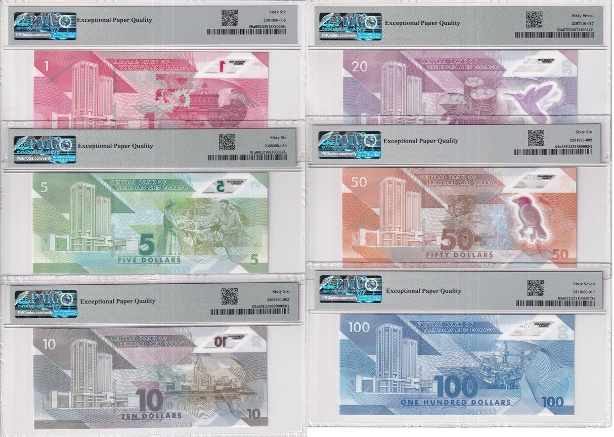 Trinidad & Tobago set 6, 1 5 10 20 50 100 D 2020 P 60 a Gem UNC PMG 66 67 EPQ
