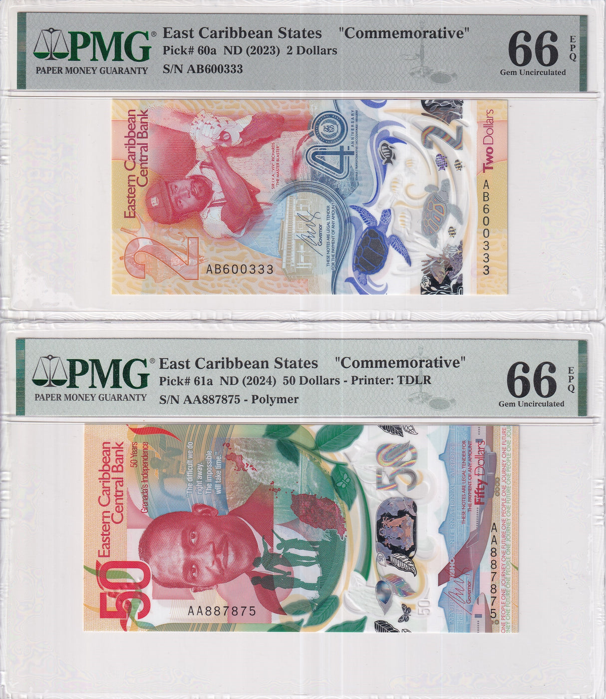 East Caribbean Set 2; 2 50 Dollar 2024 P 60 61 Polymer Gem UNC PMG 66 EPQ