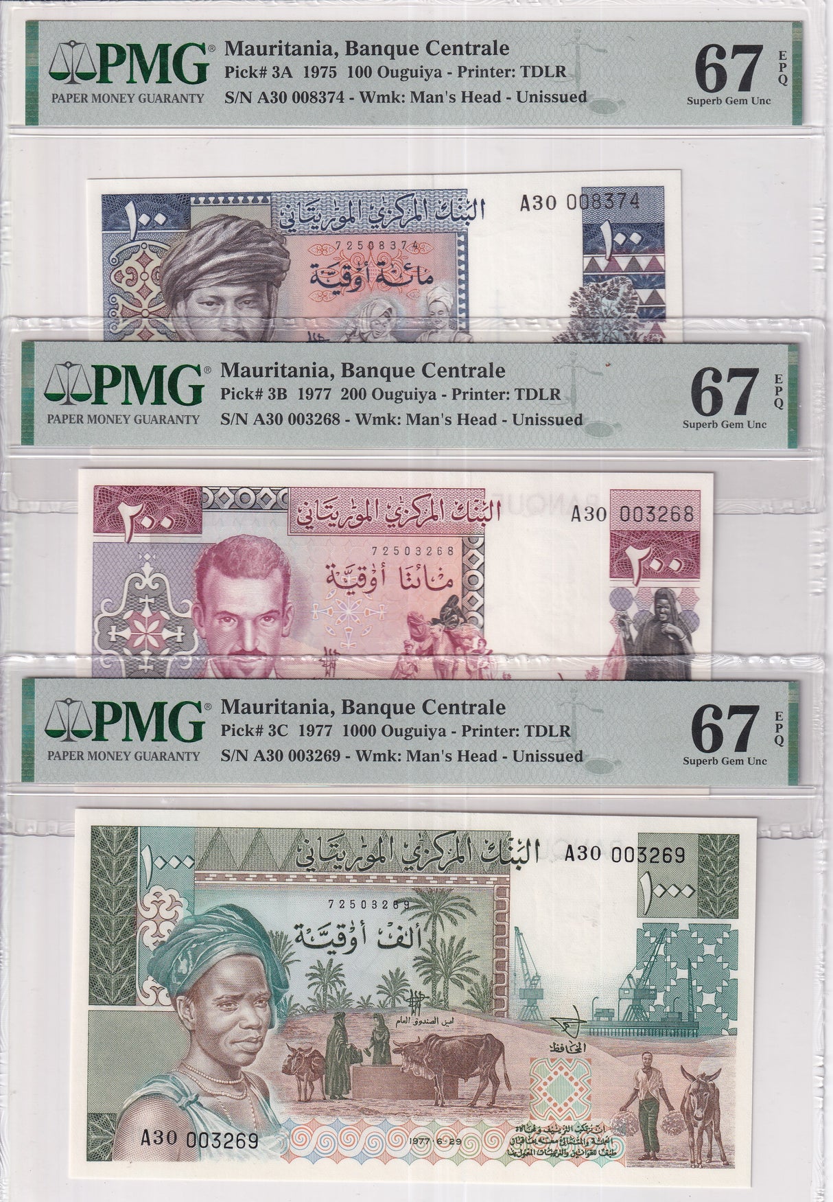Mauritania SET 3 100 200 1000 Oug 1975-77 P 3A 3B 3C Superb UNC PMG 67 EPQ