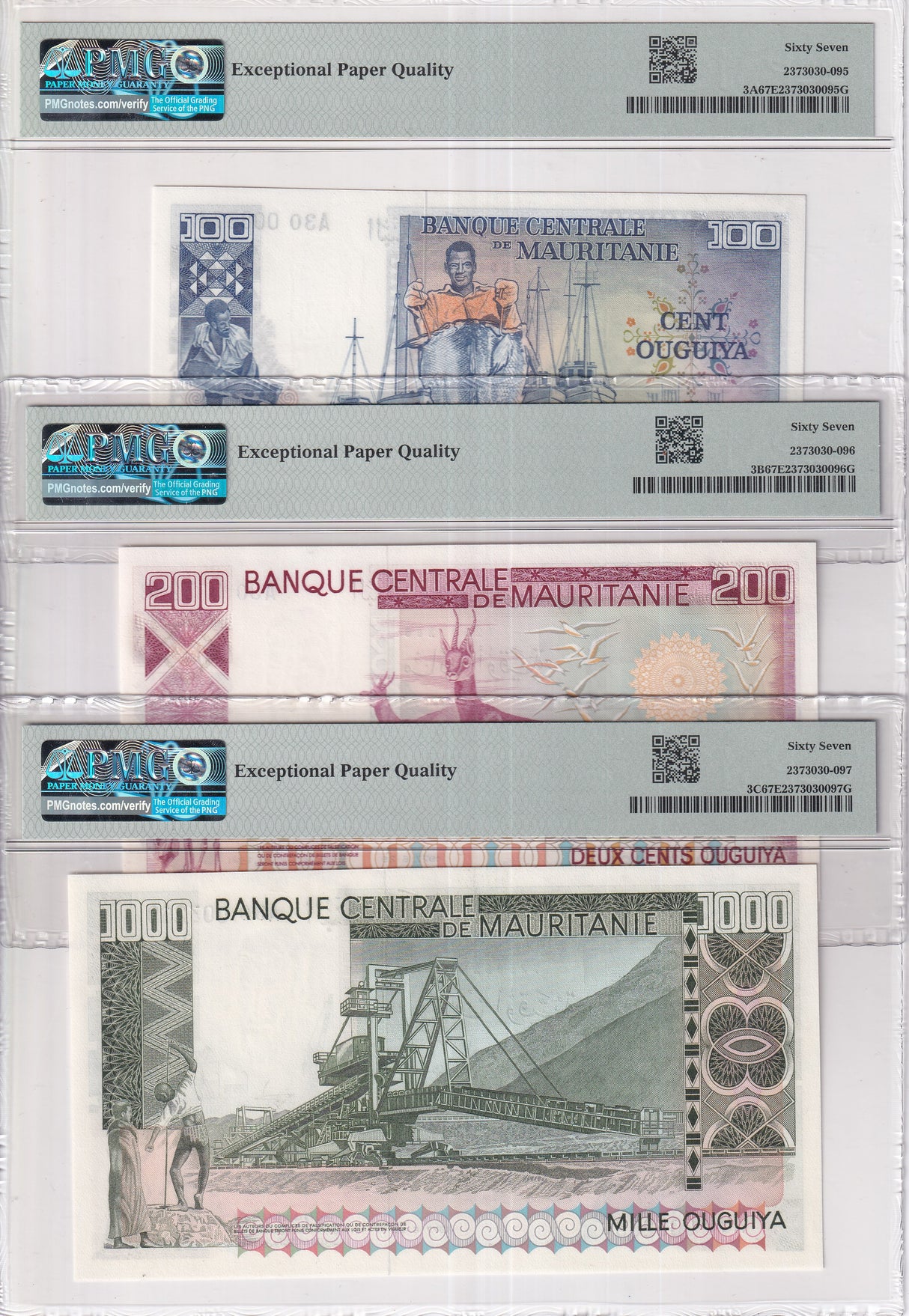 Mauritania SET 3 100 200 1000 Oug 1975-77 P 3A 3B 3C Superb UNC PMG 67 EPQ