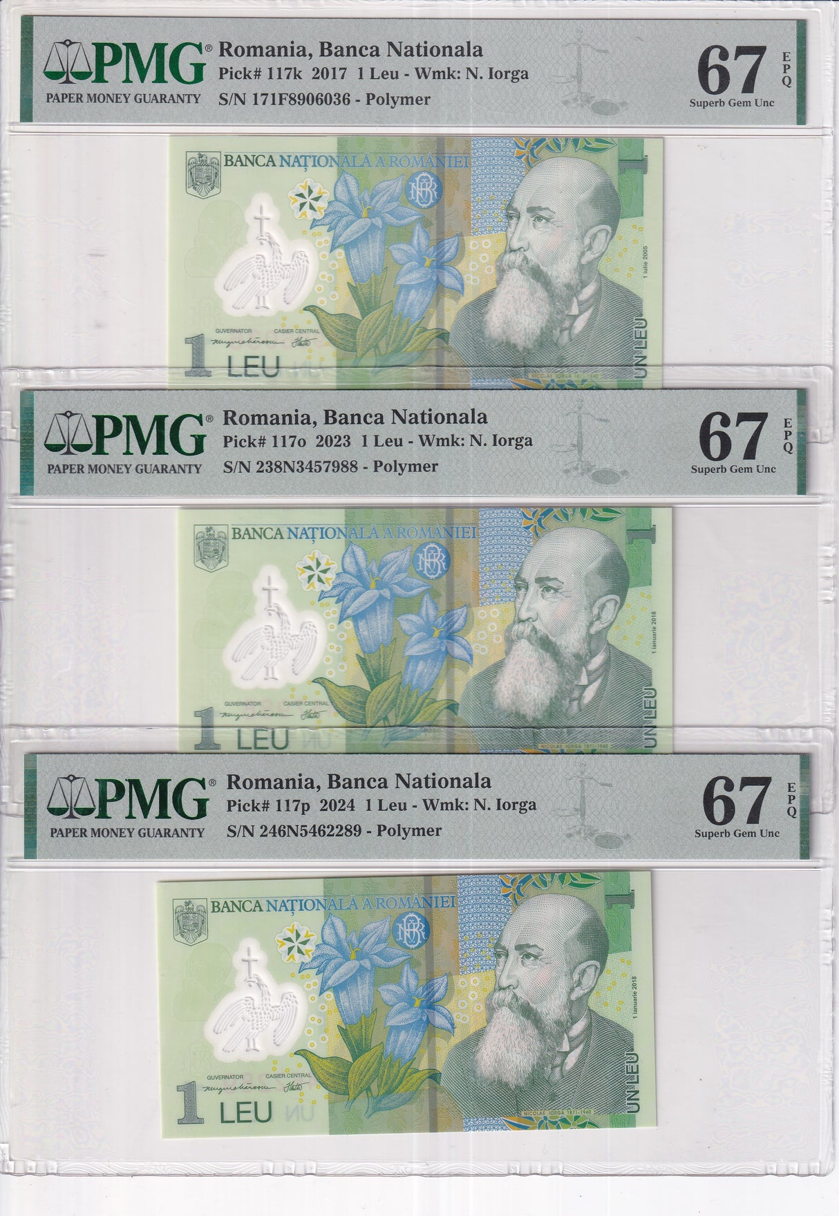 Romania Set 3; 1 Leu 2017 2023 2024 P 117 Superb Gem UNC PMG 67 EPQ
