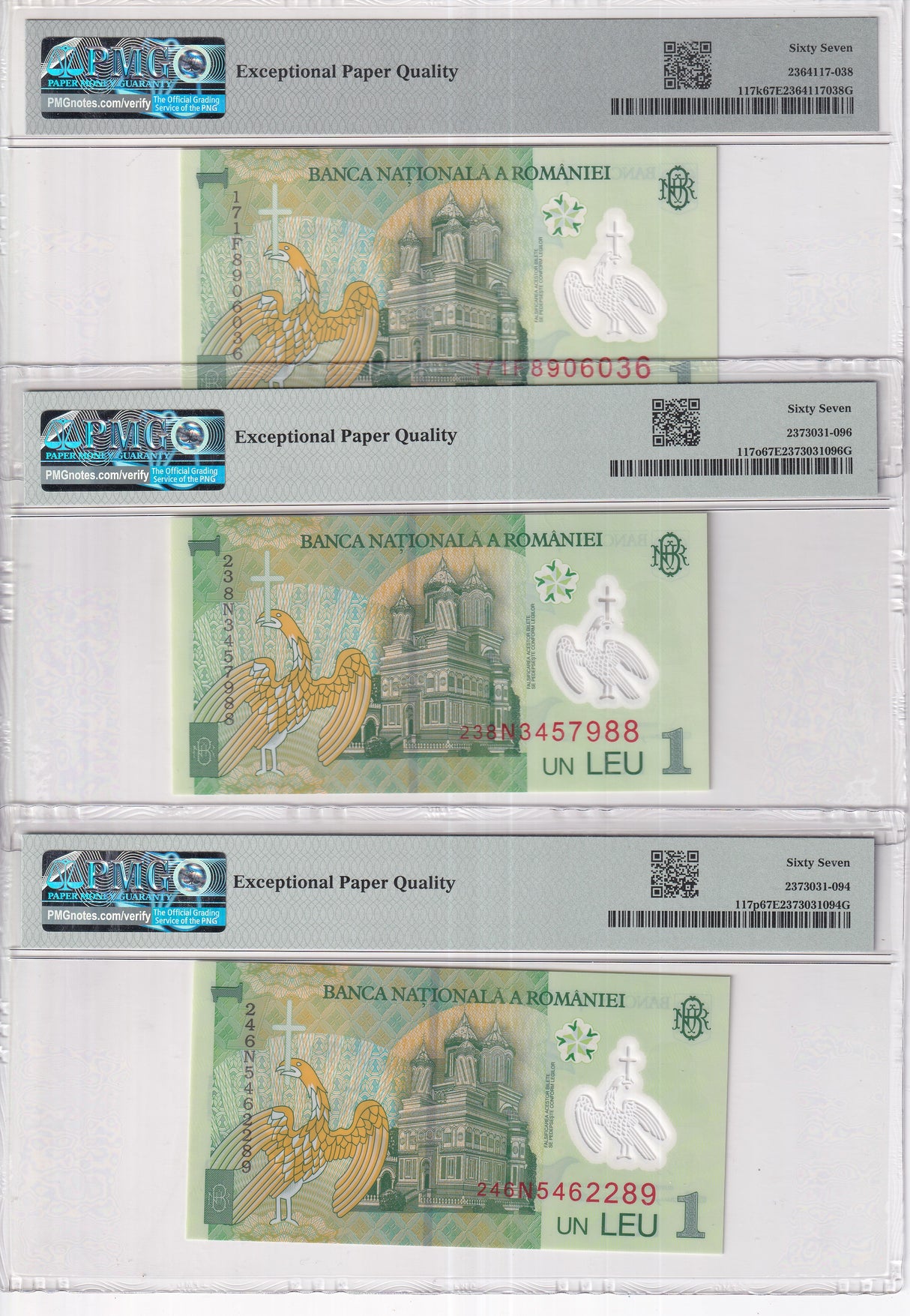 Romania Set 3; 1 Leu 2017 2023 2024 P 117 Superb Gem UNC PMG 67 EPQ