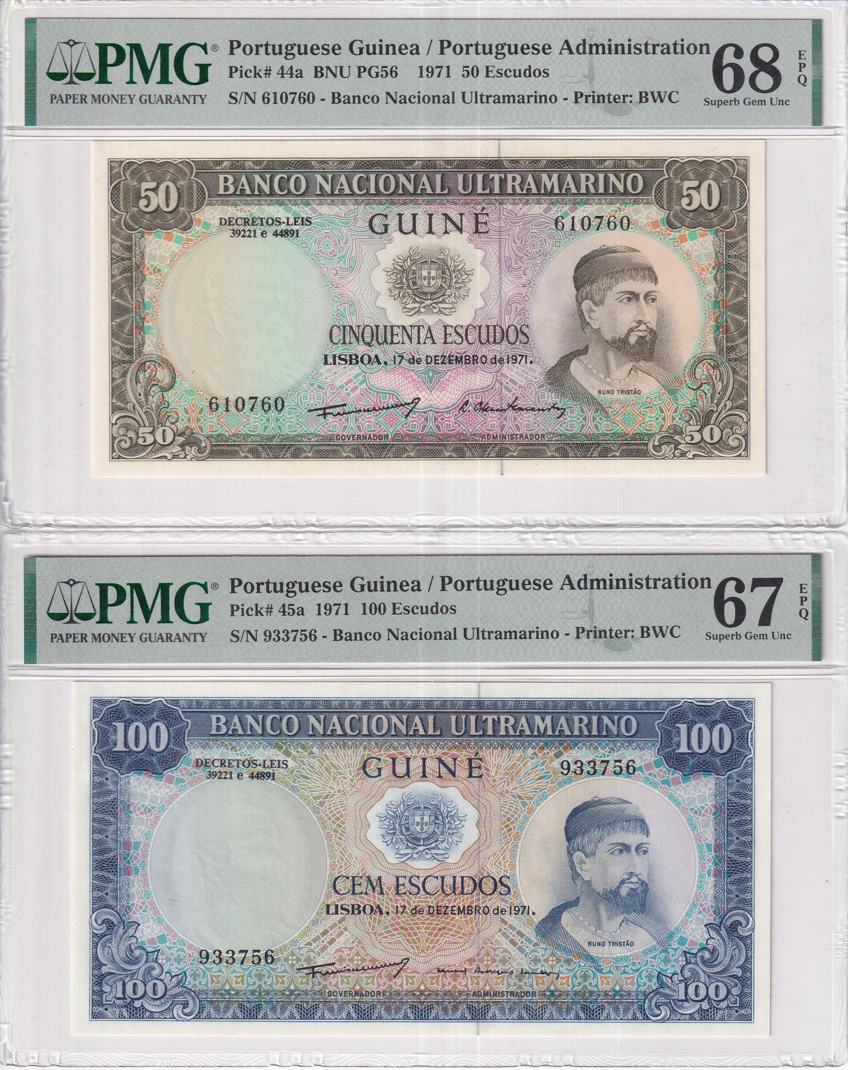 Portuguese Guinea Set 2; 50 100 Escudos 1971 P44 45 Superb Gem UNC PMG 67 68 EPQ