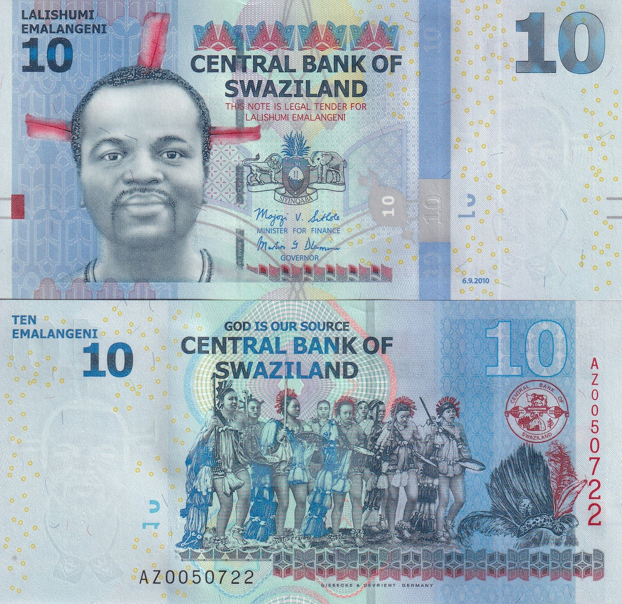 SWAZILAND 10 EMALANGENI 2010 (2011) P 36 REPLACEMENT AZ PREFIX UNC