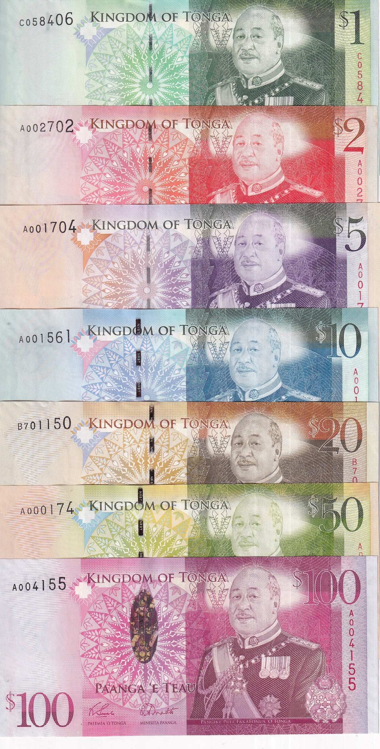 Tonga Set 7 UNC 1 2 5 10 20 50 100 Pa'anga ND 2009 P 37 38 39 40 41 42 43 UNC