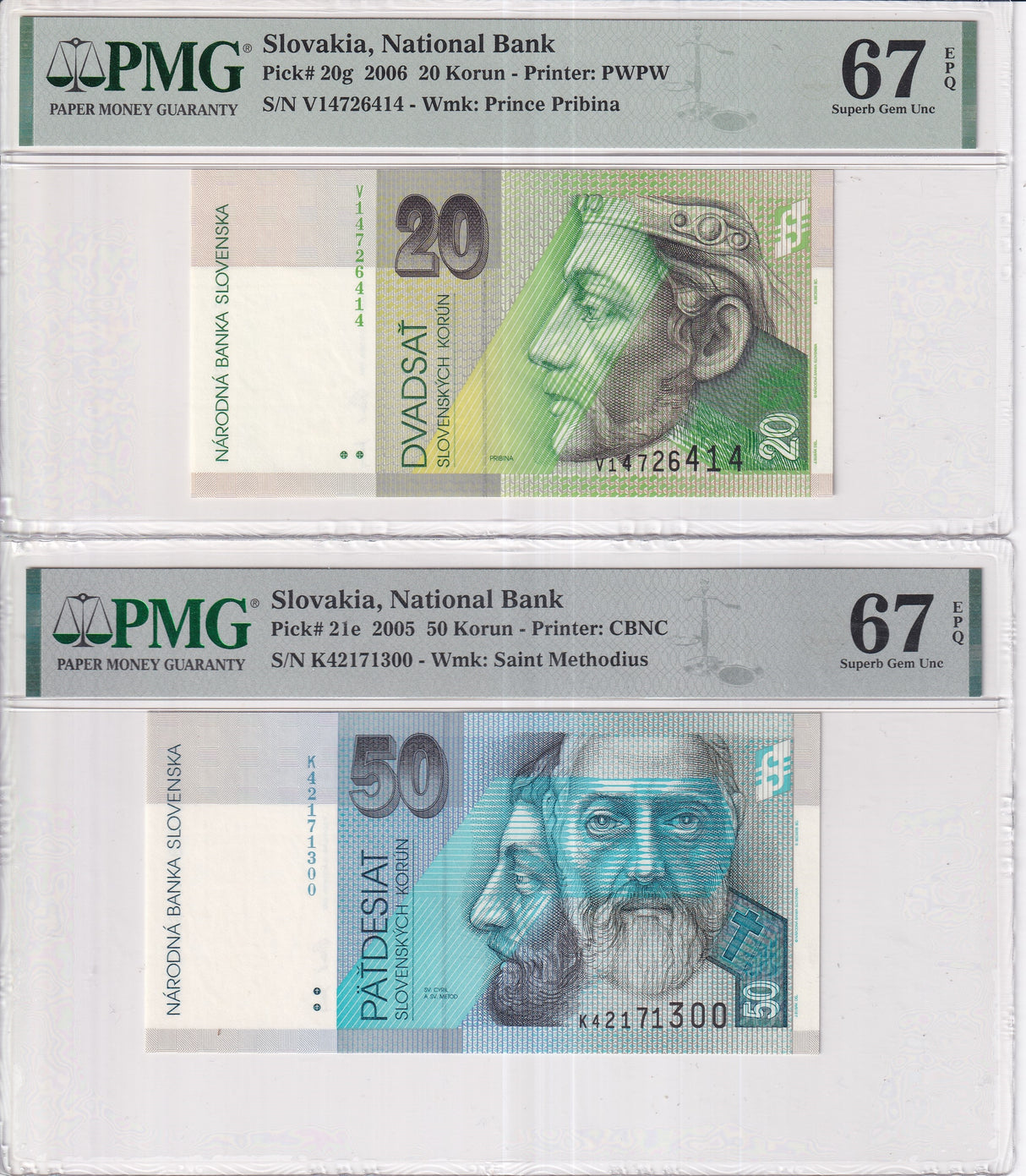 Slovakia Set 2; 20 50 Korun 2005 2006 P 20 P 21 Superb Gem UNC PMG 67 EPQ