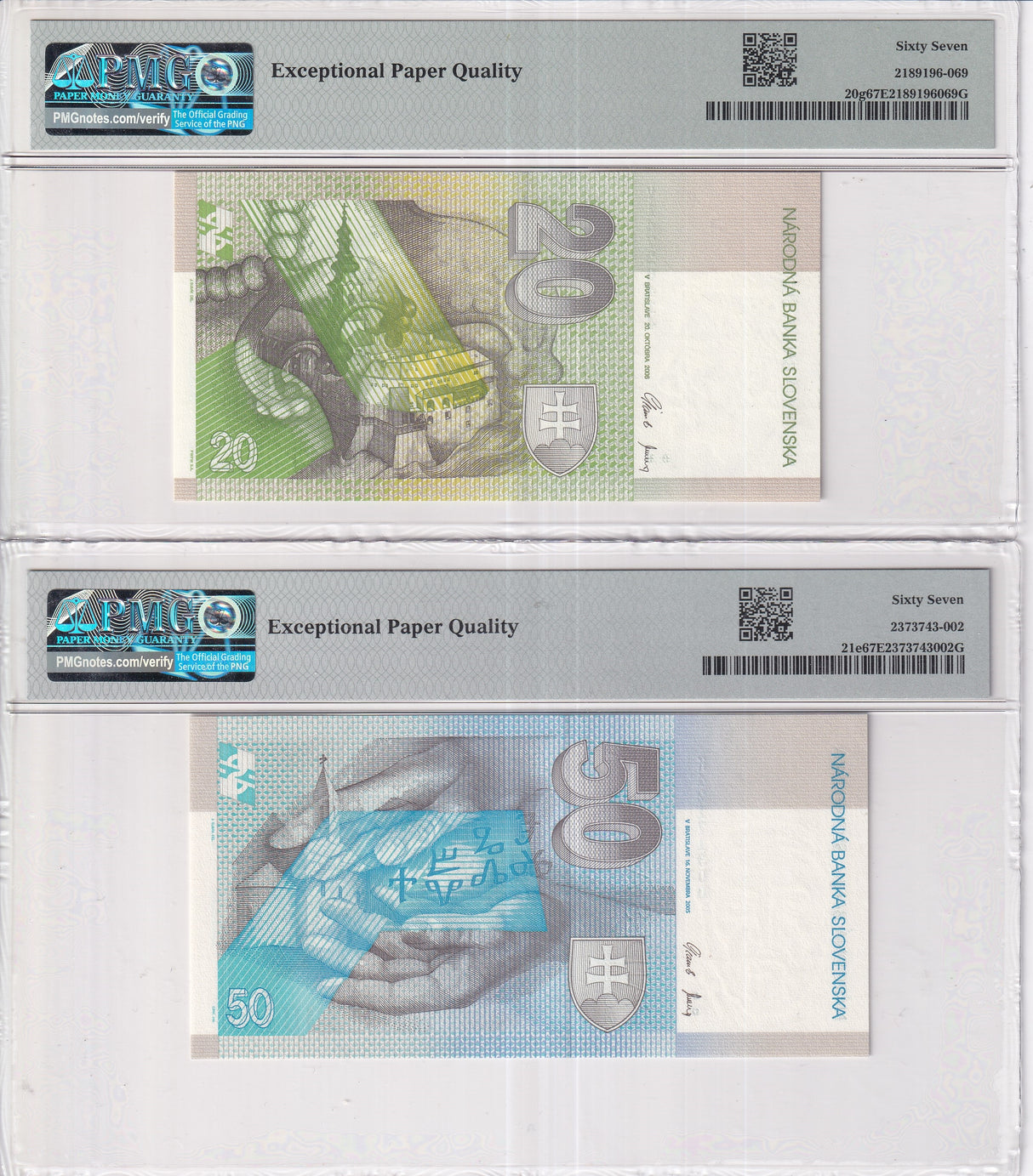 Slovakia Set 2; 20 50 Korun 2005 2006 P 20 P 21 Superb Gem UNC PMG 67 EPQ