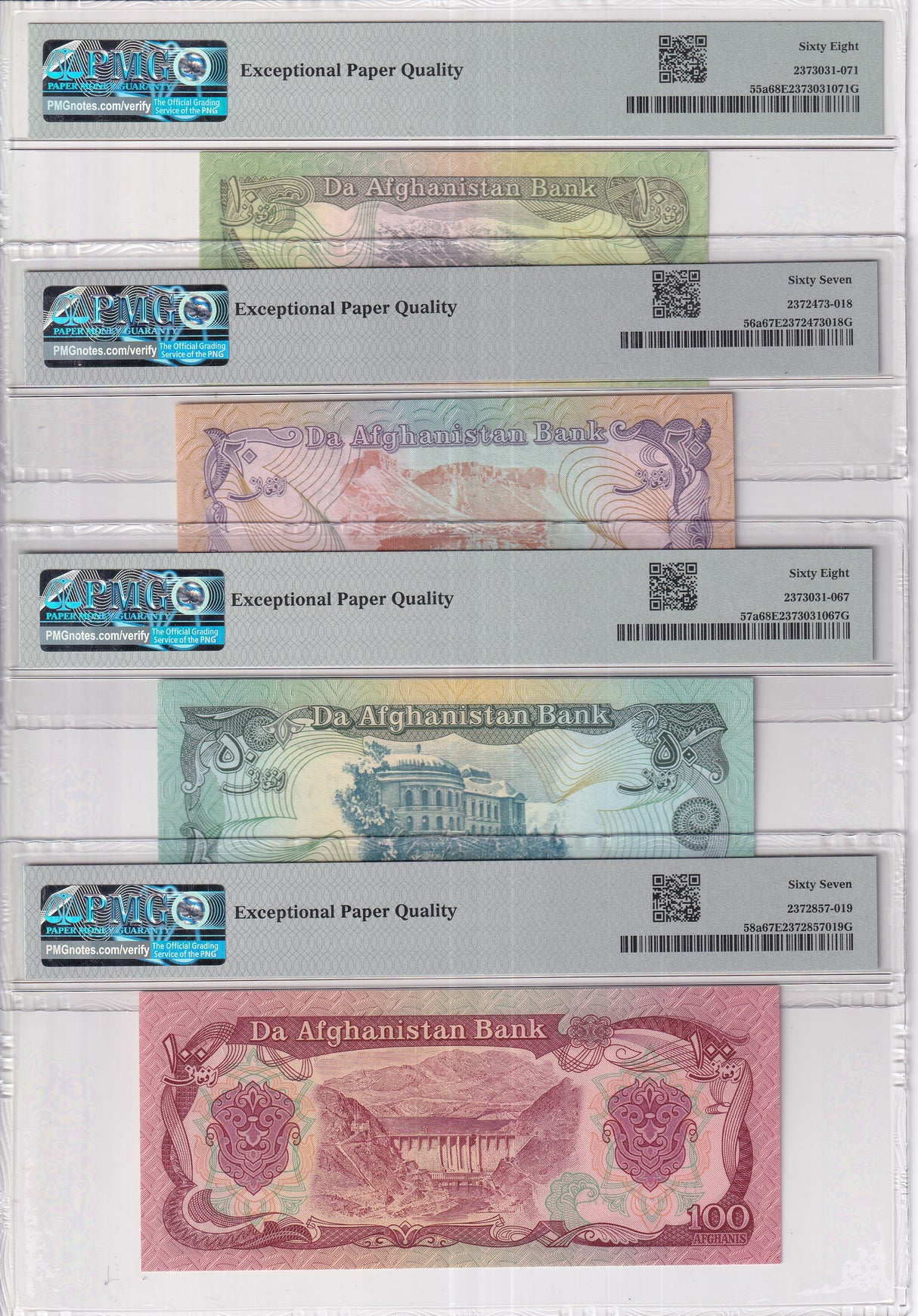 Afghanistan set 4, 10-50 100 A. ND 1979 P 55 56-58 Superb Gem UNC PMG 67 68 EPQ