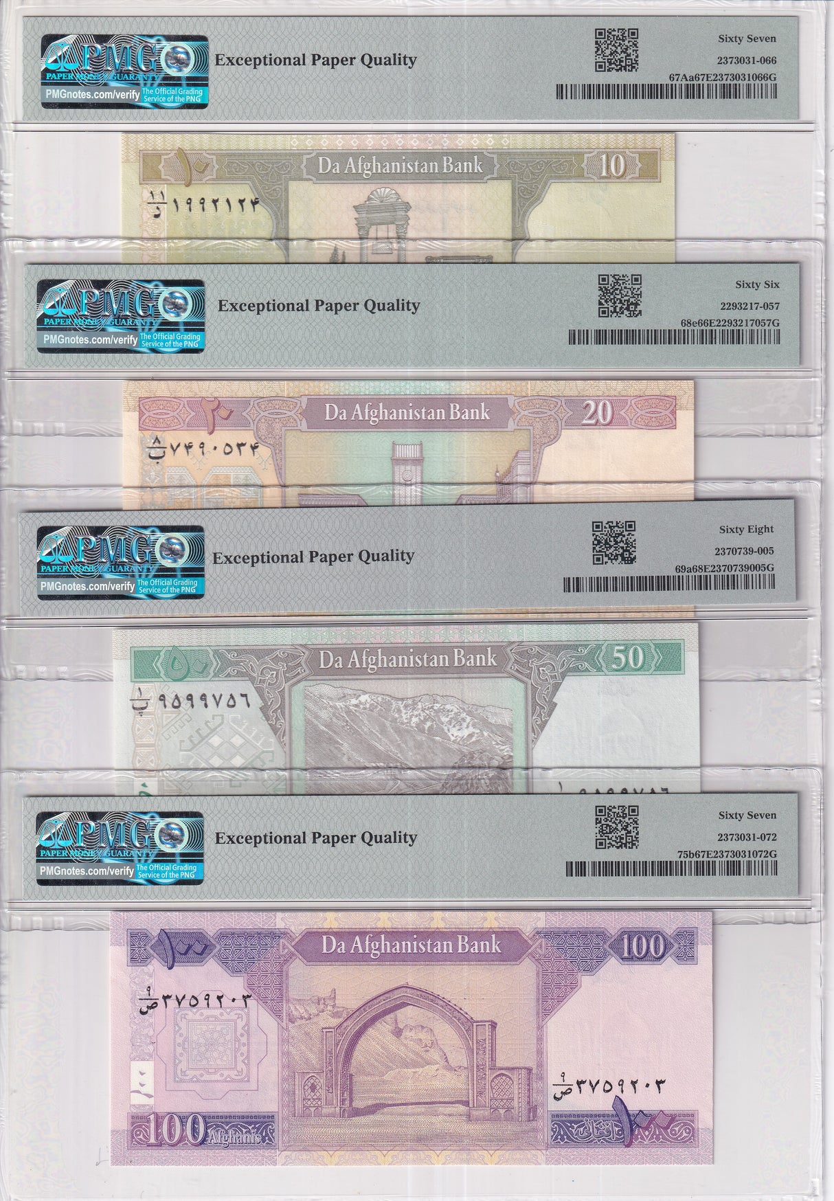 Afghanistan Set 4;10-50 100Af. 2008-12 P67-69 75 Superb Gem UNC PMG 66 67 68 EPQ