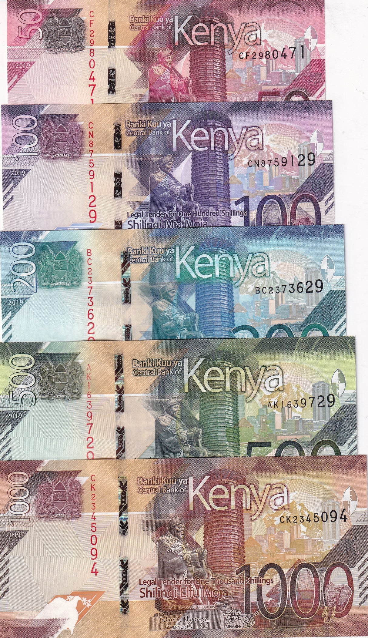 Kenya Set 5 Pcs 50 100 200 500 1000 Shillings 2019 P 52 53 54 55 56 UNC