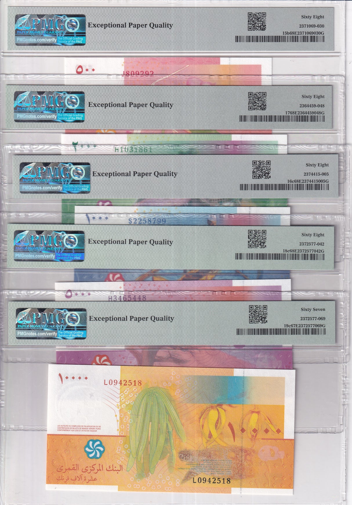 Comoros Set 5; 500-10000 Francs 2020 P 15-P 19 Superb Gem UNC PMG 67 68 EPQ