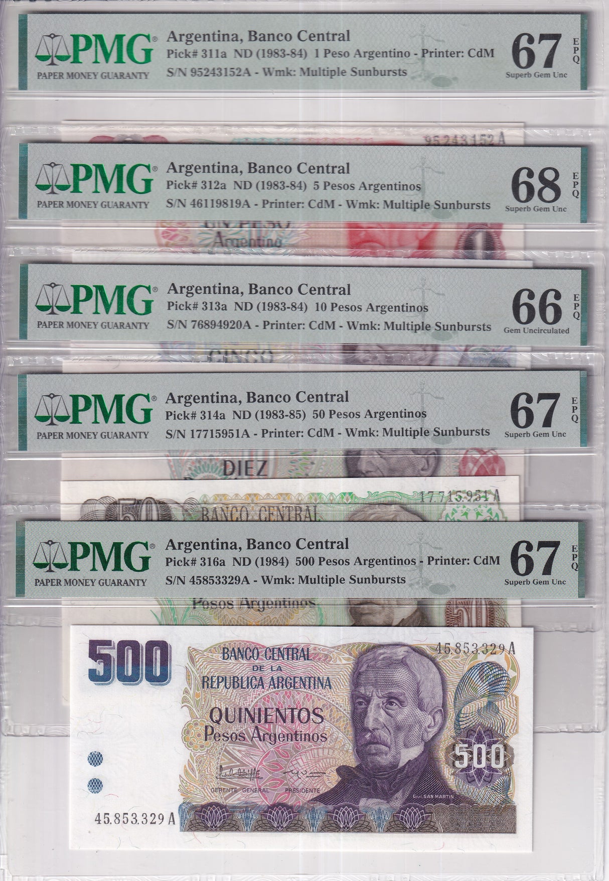 Argentina Set 5; 1 5 10-500 P ND 1983 P311 -314 316 Superb UNC PMG 66 67 68 EPQ
