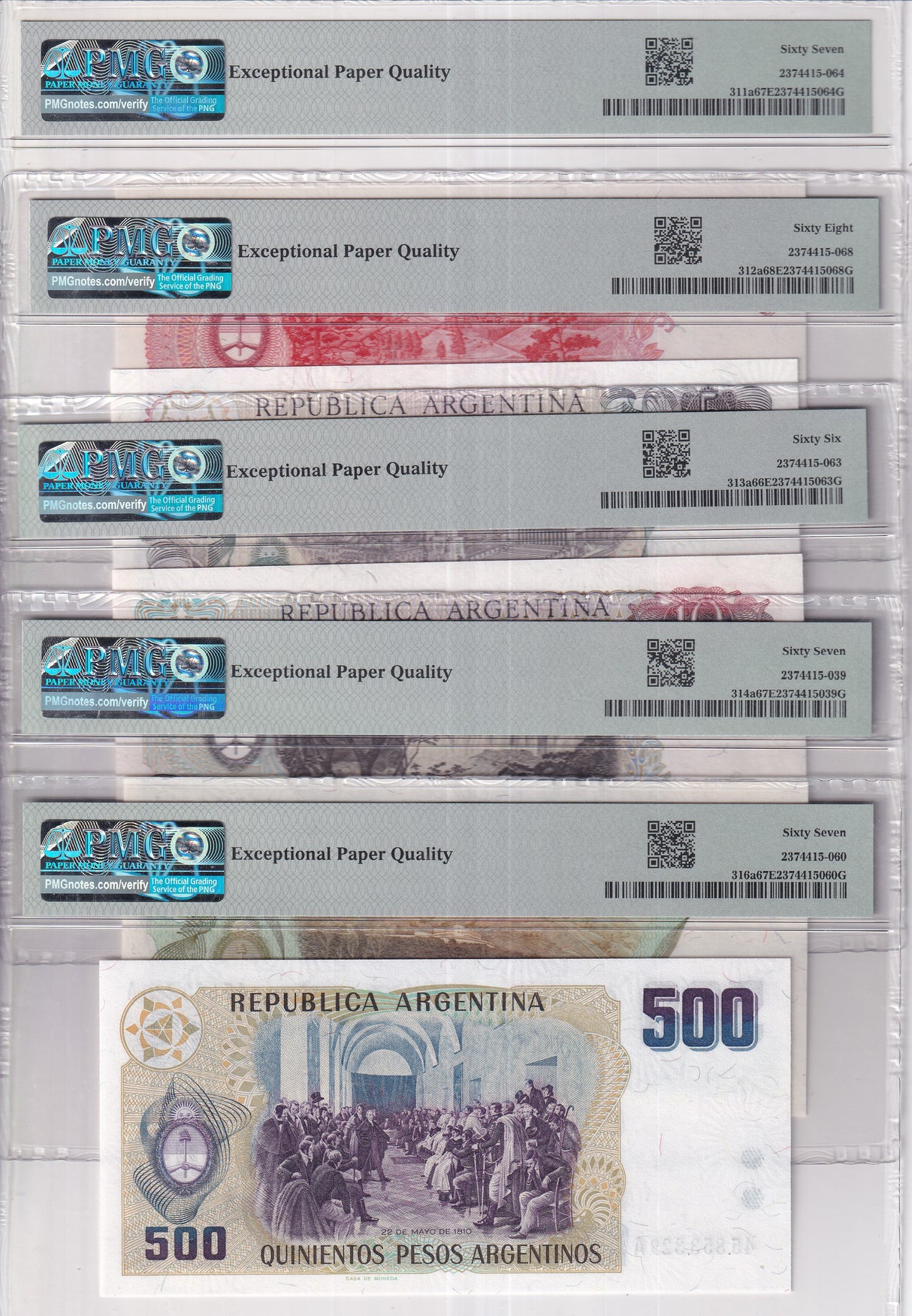 Argentina Set 5; 1 5 10-500 P ND 1983 P311 -314 316 Superb UNC PMG 66 67 68 EPQ
