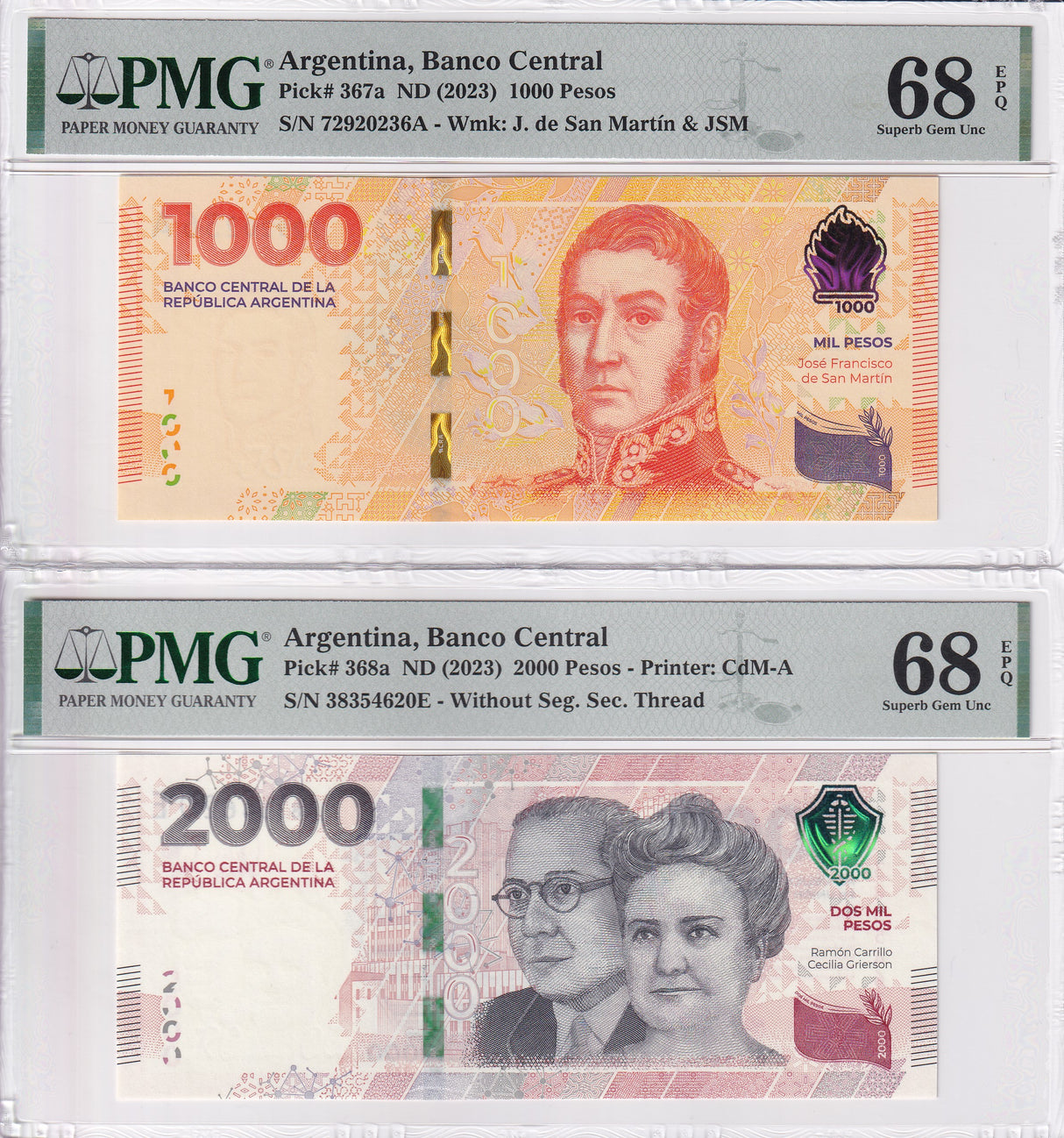 Argentina Set 2; 1000 2000 Pesos ND 2023 P 367 P 368 Superb Gem UNC PMG 68 EPQ
