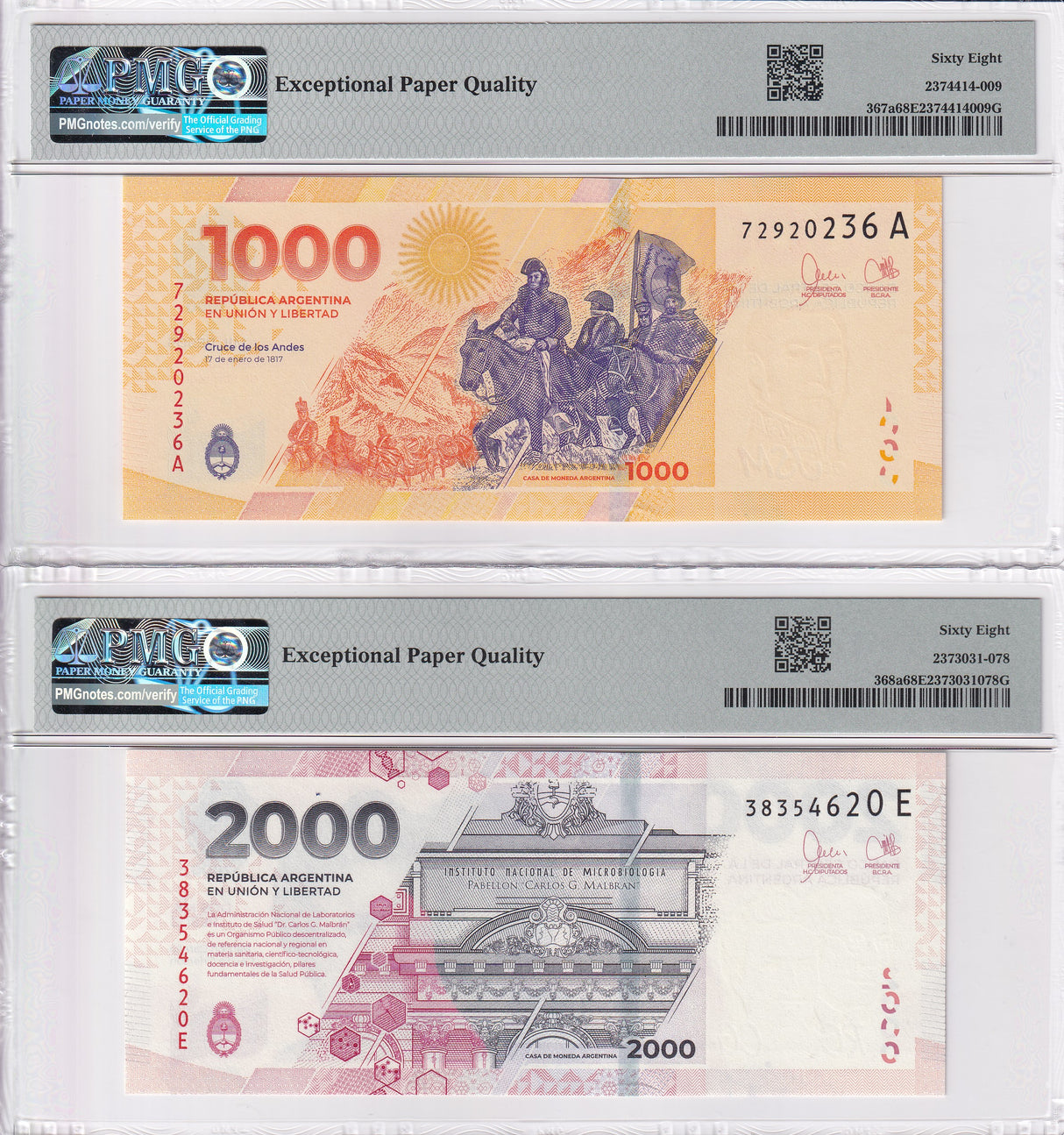 Argentina Set 2; 1000 2000 Pesos ND 2023 P 367 P 368 Superb Gem UNC PMG 68 EPQ