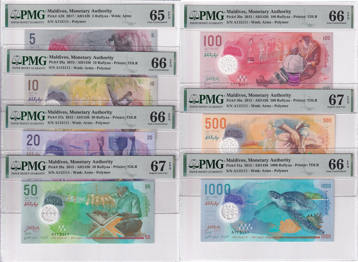 Maldives set 7; 5 -1000 Rufiyaa 2015 Matching P A26-P31 Gem UNC PMG 65 66 67 EPQ