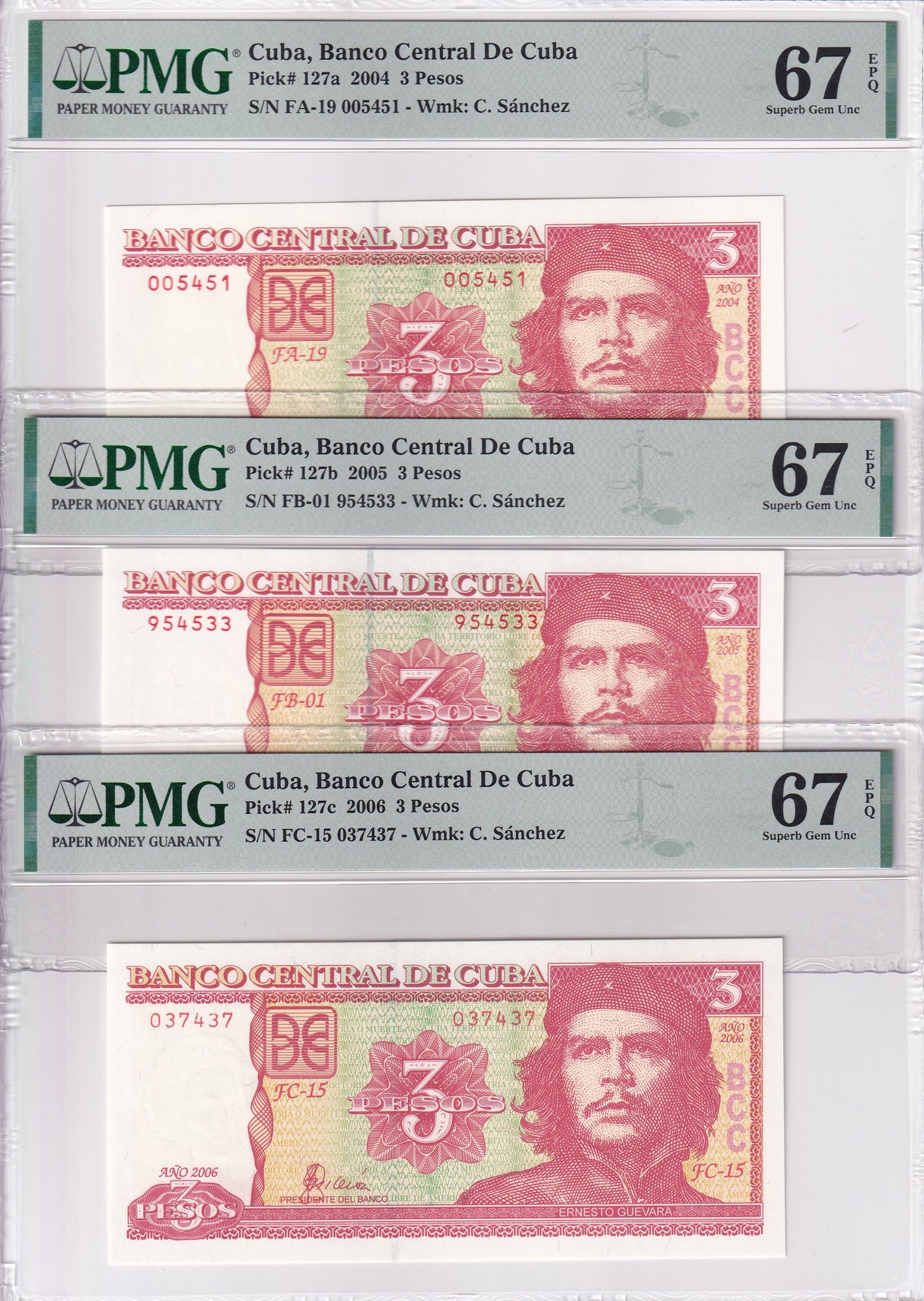 Central America SET 3 ,3 Pesos 2004 2005 2006 P 127 a b c CHE Guevara SUPERB GEM PMG 67 EPQ