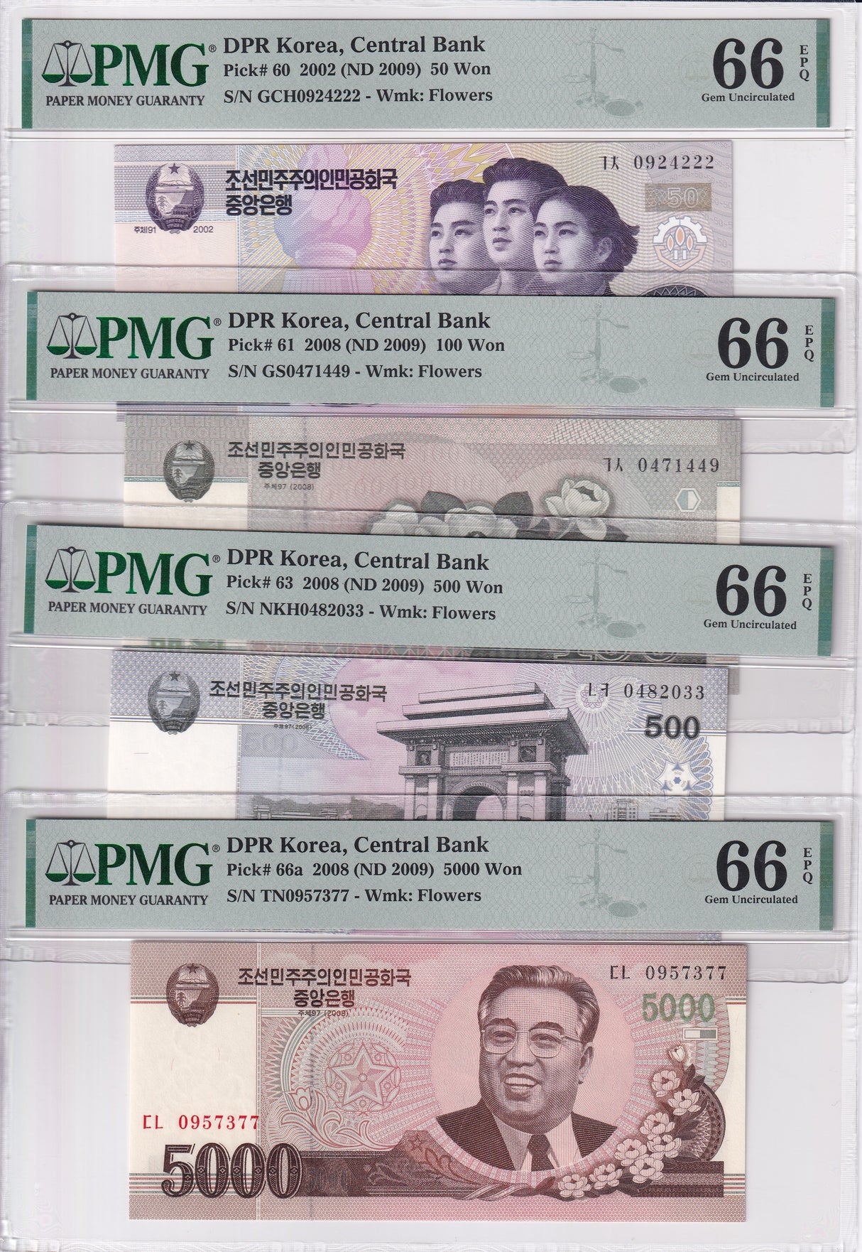 Korea SET 4, 50 100 500 5000 WON 2002 ND 2009 P 60-66 Gem UNC PMG 66 EPQ
