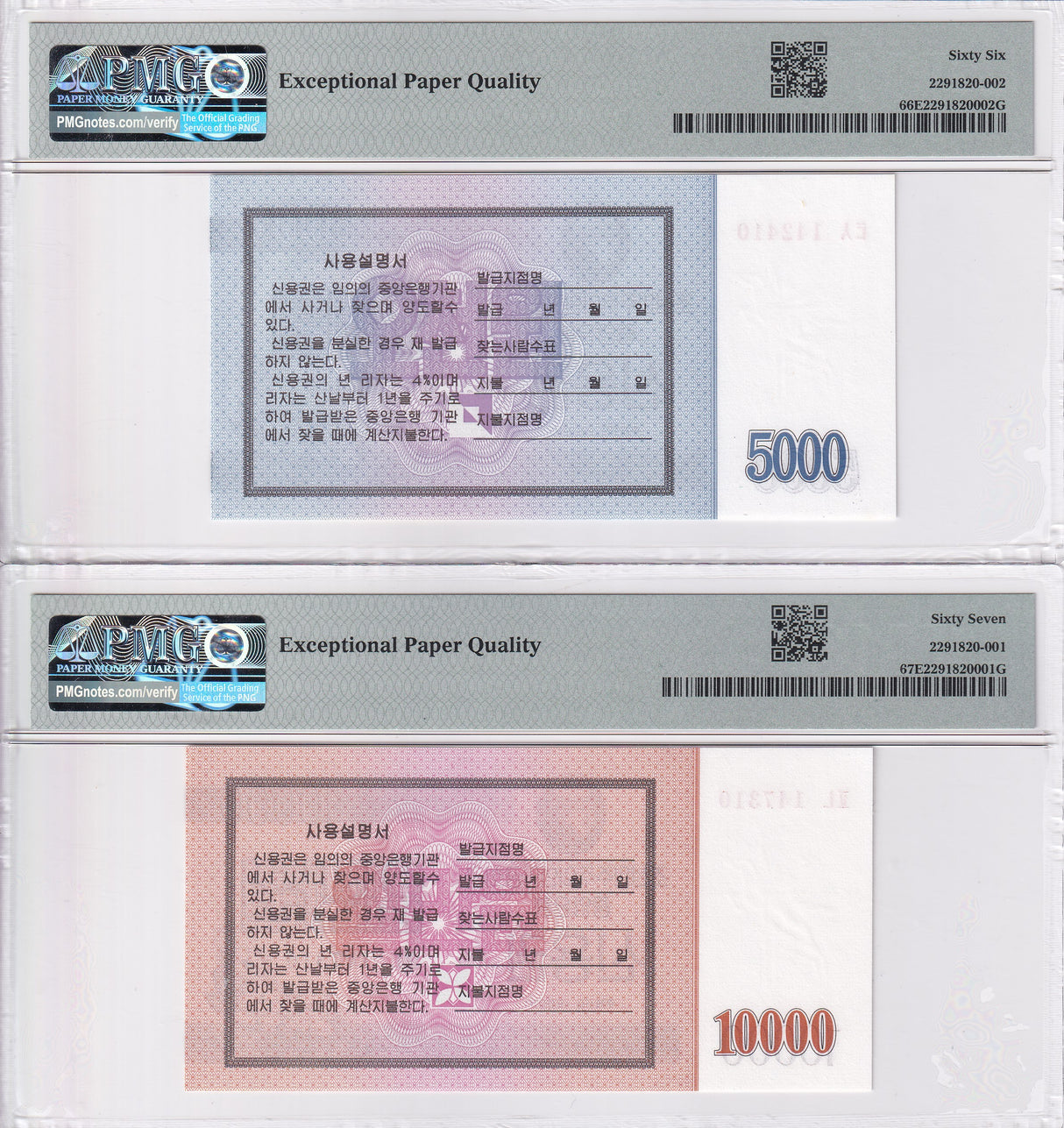 Korea SET 2, 5000 10000 Won 2003 Saving Bond Gem UNC PMG 66 EPQ