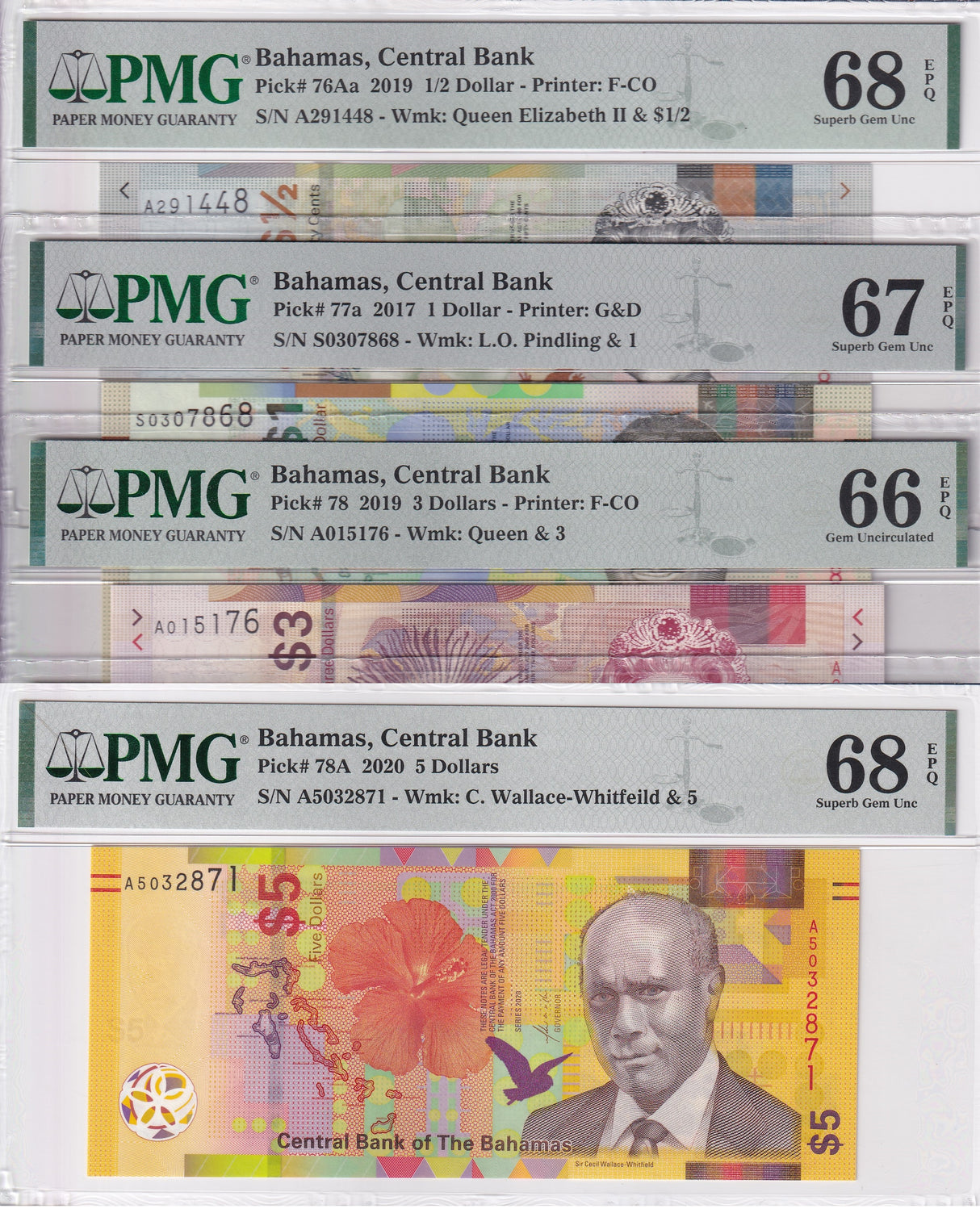 Bahamas Set 4 ;1/2 1 3 5 Dollar 2017-20 P A76-78 Superb Gem UNC PMG 66 67 68 EPQ