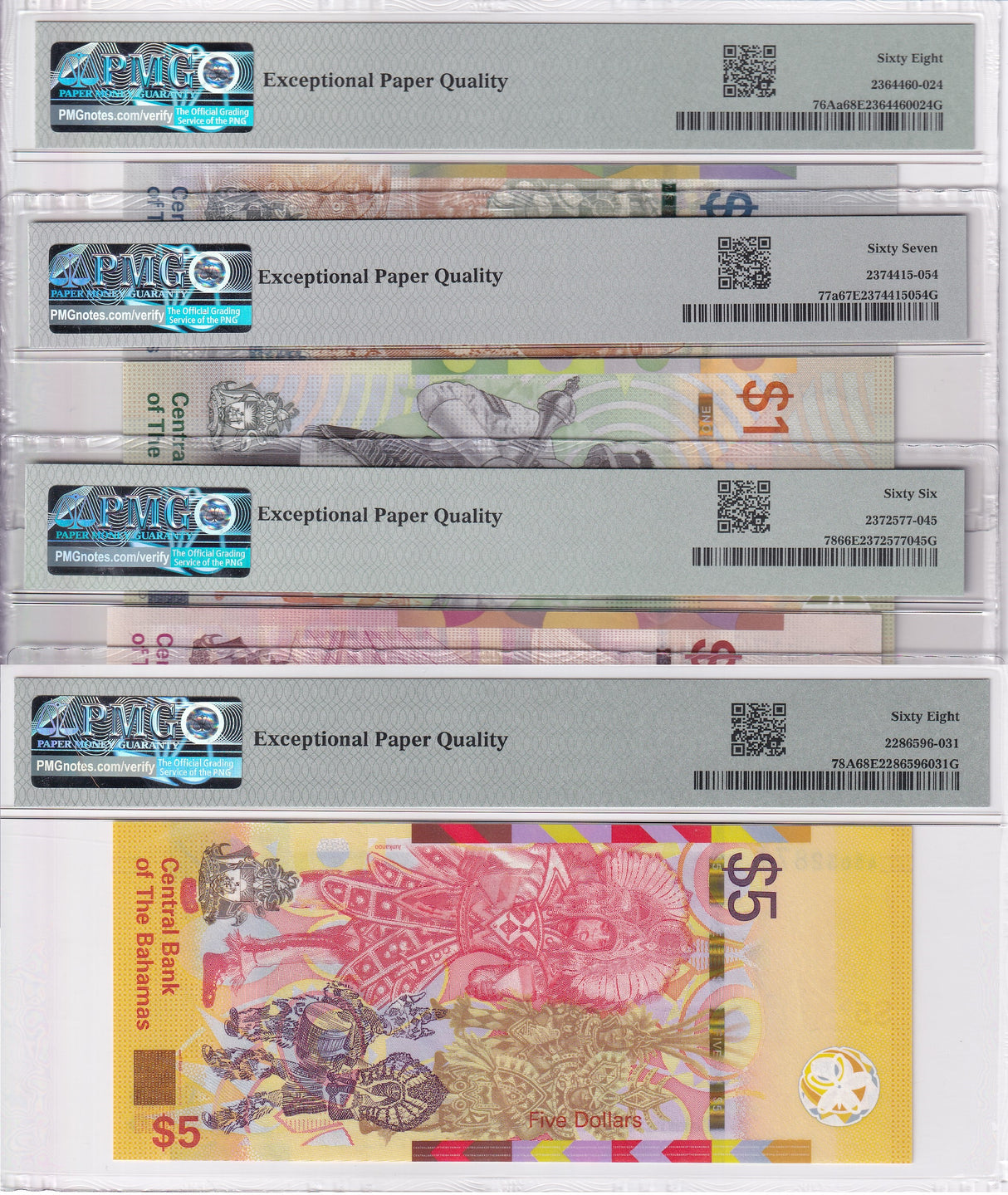 Bahamas Set 4 ;1/2 1 3 5 Dollar 2017-20 P A76-78 Superb Gem UNC PMG 66 67 68 EPQ