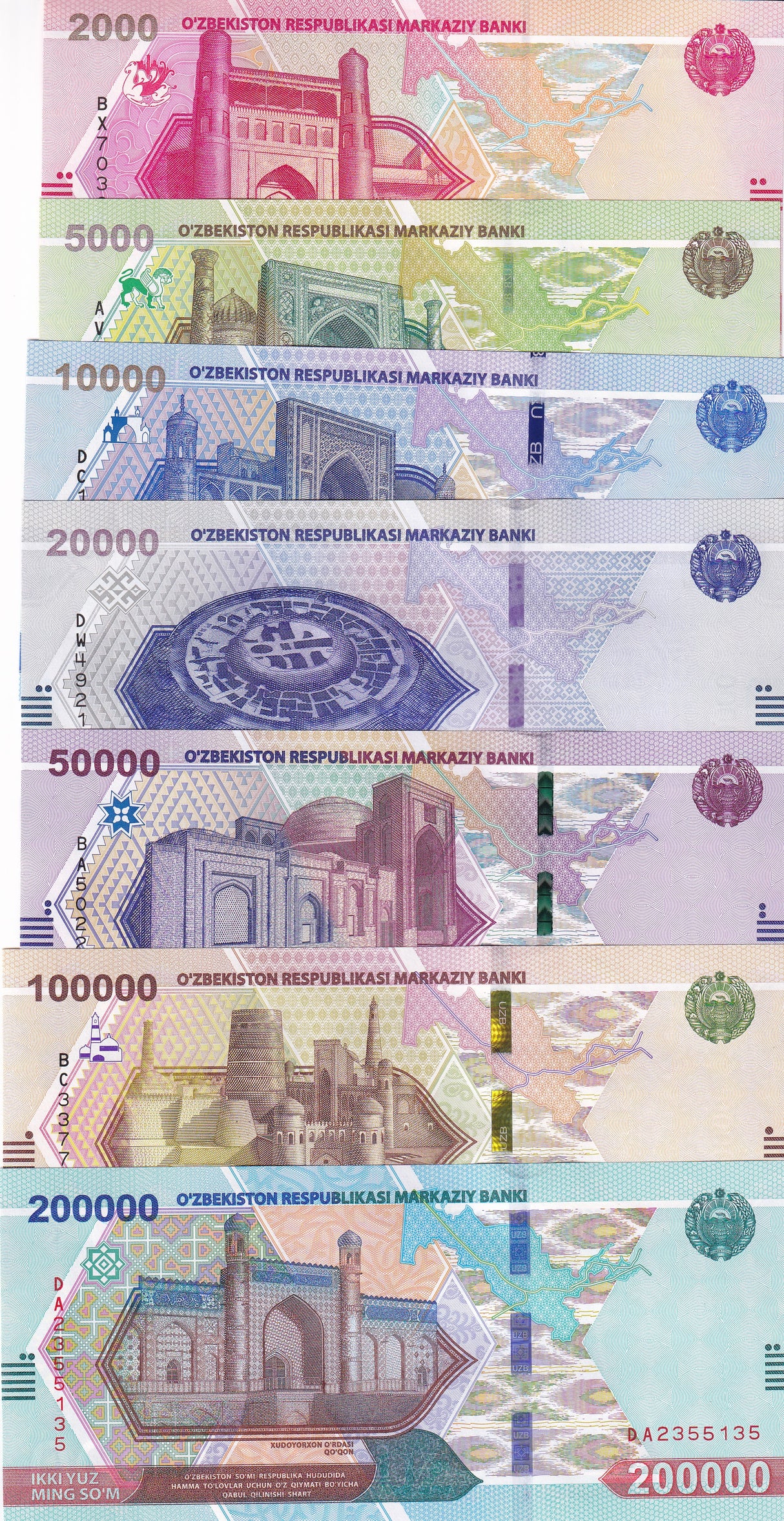 Uzbekistan Set 7 Pcs 2000-100000 200000 Som 2021 2022 P 87 88 89 90 91-93 UNC