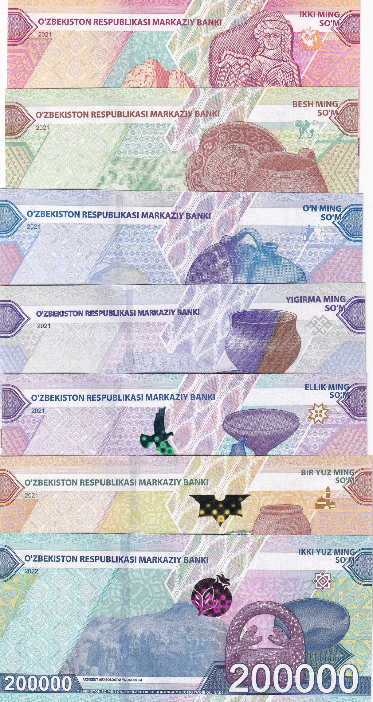 Uzbekistan Set 7 Pcs 2000-100000 200000 Som 2021 2022 P 87 88 89 90 91-93 UNC