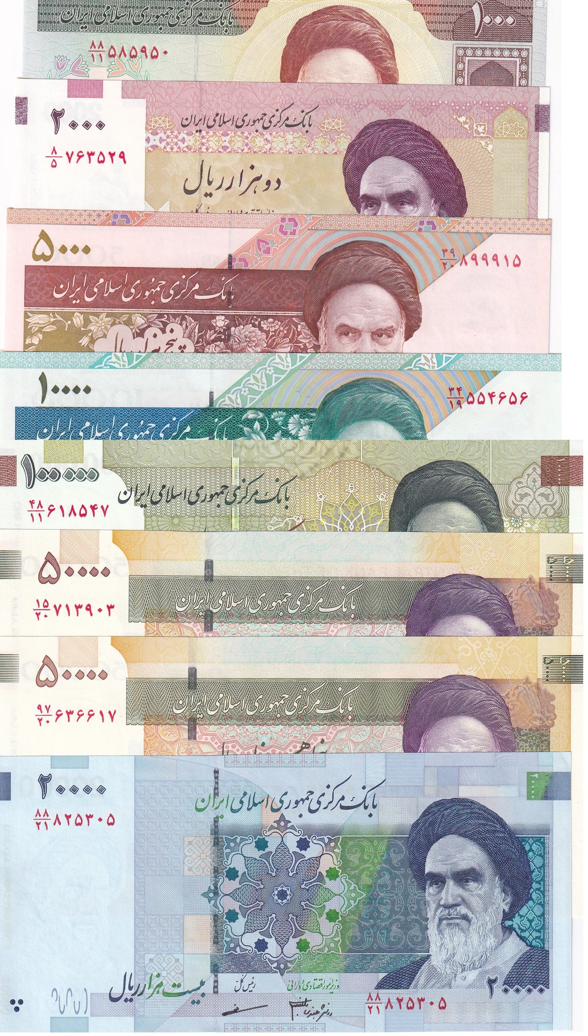 Middle East Set 8 UNC 1000 2000 5000 10000 (50000X2) 100000 Rials P 143-149-151-155