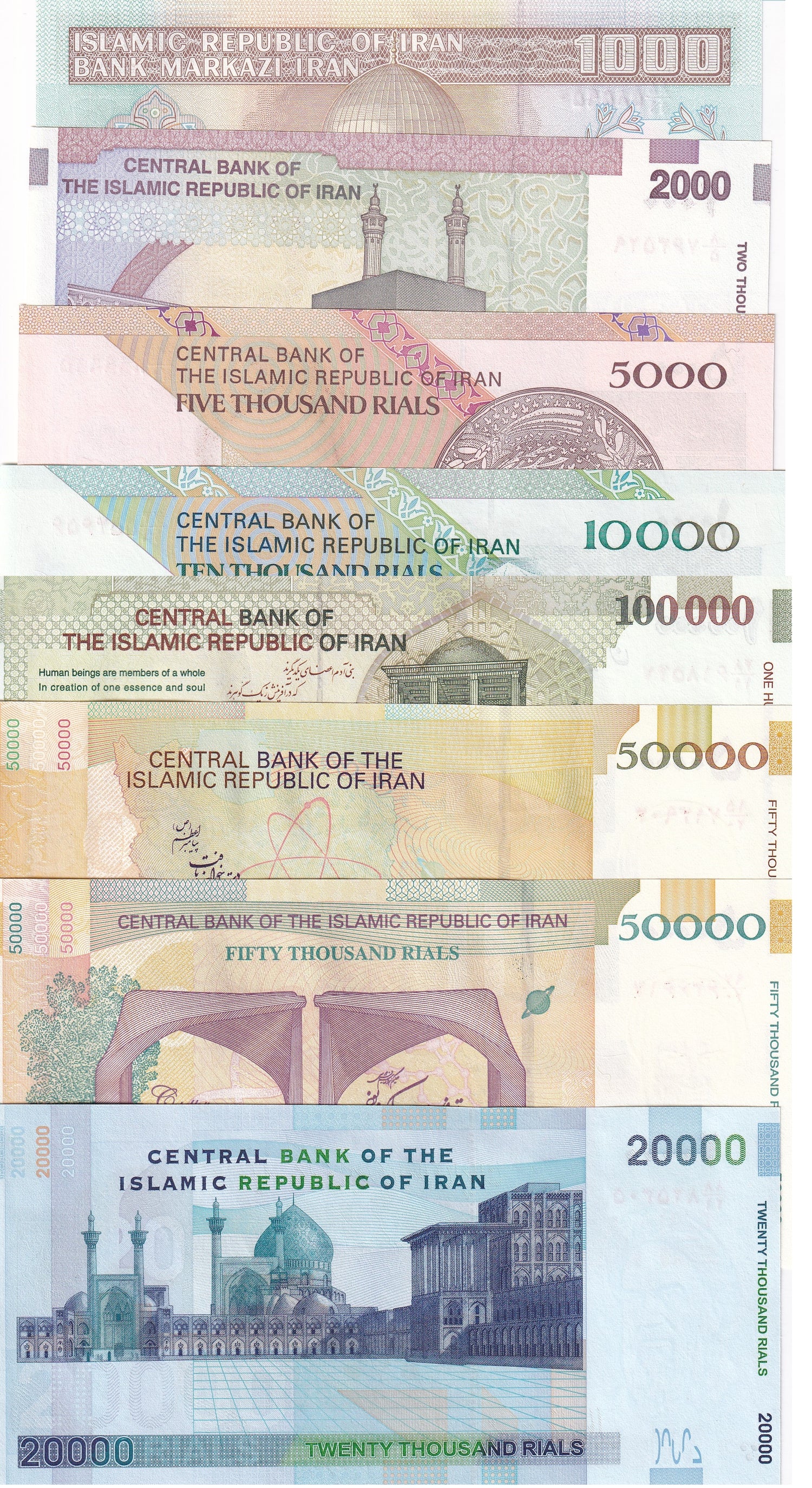 Middle East Set 8 UNC 1000 2000 5000 10000 (50000X2) 100000 Rials P 143-149-151-155