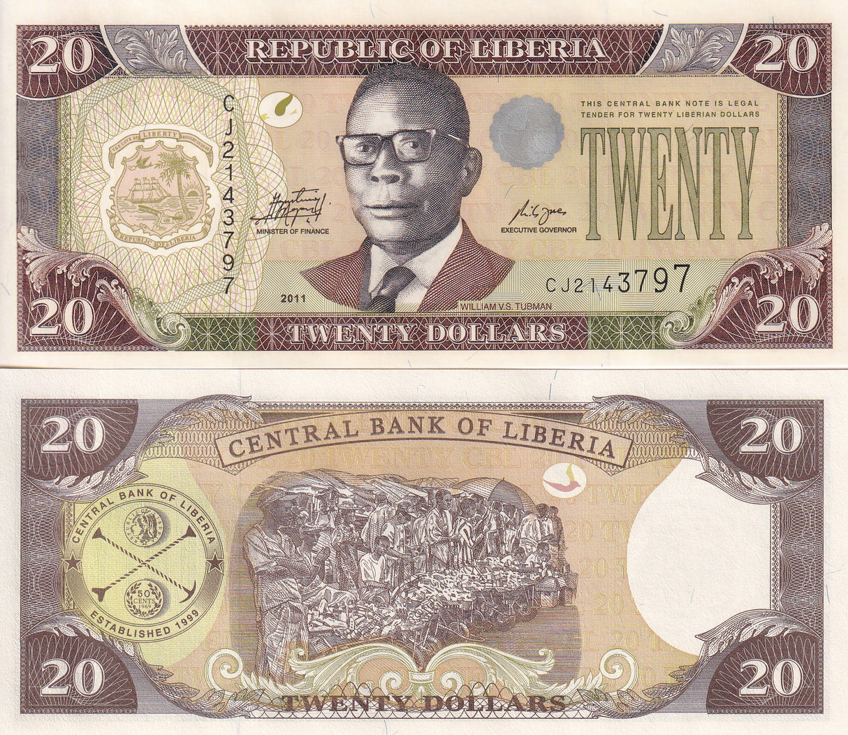 LIBERIA 20 DOLLARS 2011 P 28 UNC