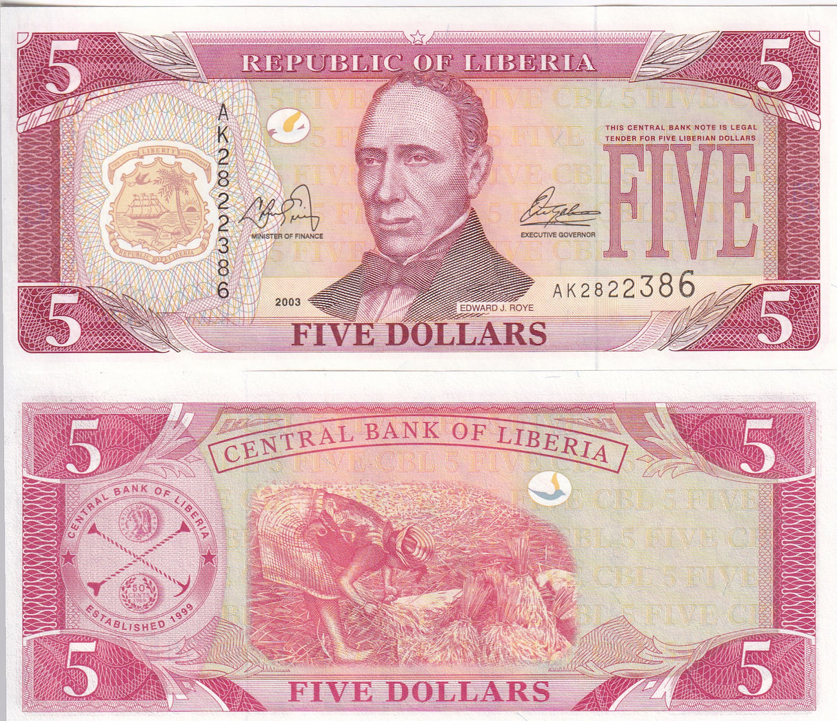 LIBERIA 5 DOLLARS 2003 P 26 a UNC