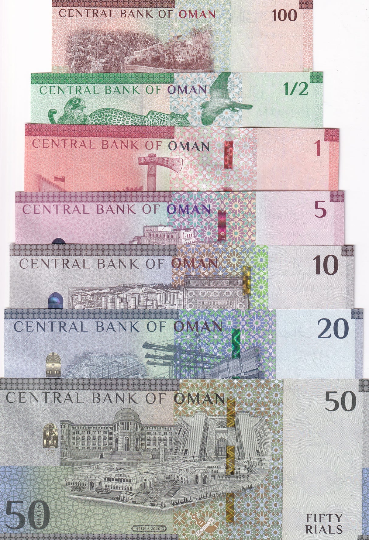 Oman Set 7 Pcs 100 Baisa 1/2 1 5 10 20 50 Rials 2020/2021 P 50 51 52 53 - 56 UNC