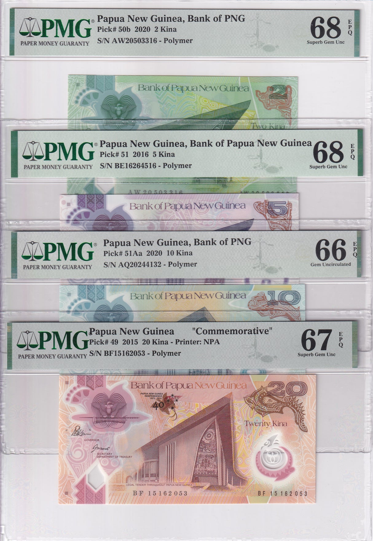 Papua Set 4; 2 5 10 20 Kina 2015-20 P 49 P 51 Superb Gem UNC PMG 66 67 68 EPQ