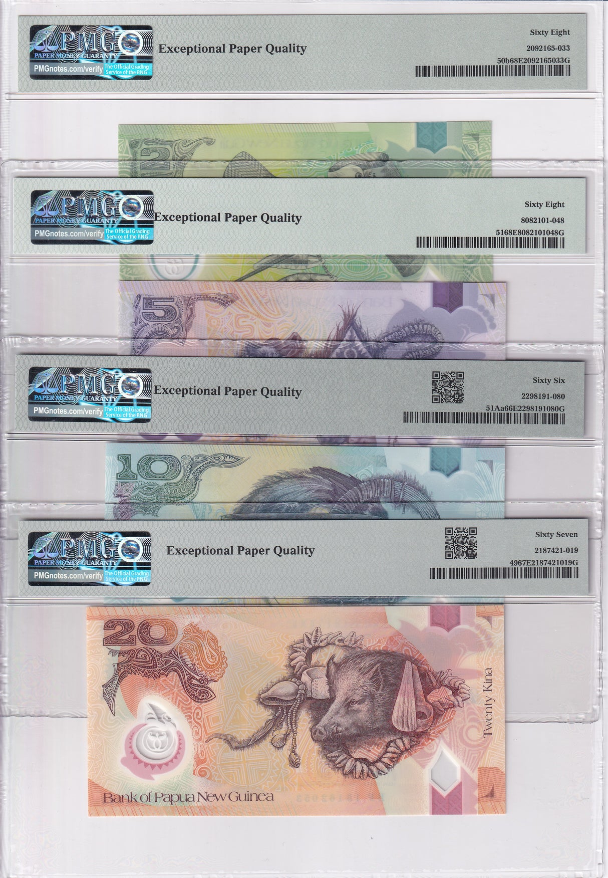 Papua Set 4; 2 5 10 20 Kina 2015-20 P 49 P 51 Superb Gem UNC PMG 66 67 68 EPQ