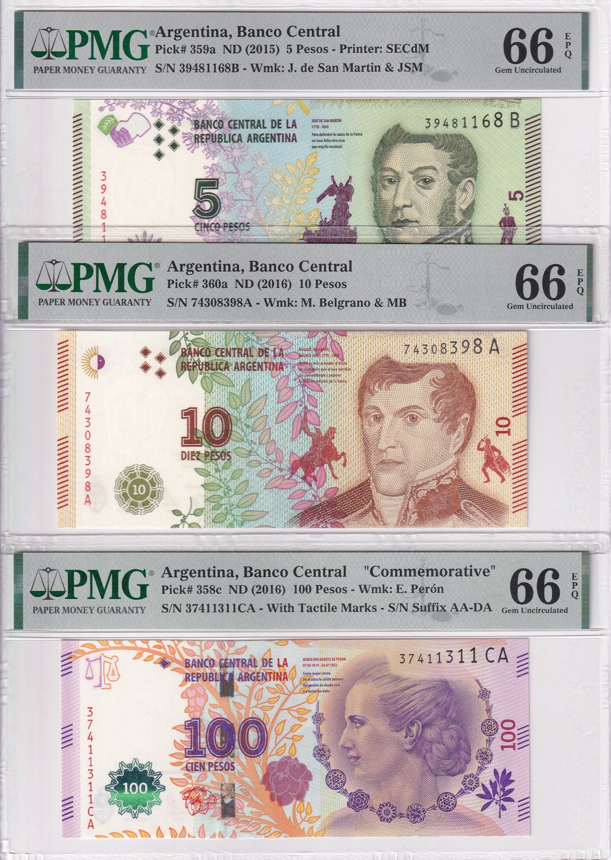 Argentina Set 3; 5 10 100 Pesos 2016 P 358- 360 Superb Gem UNC PMG 66 EPQ