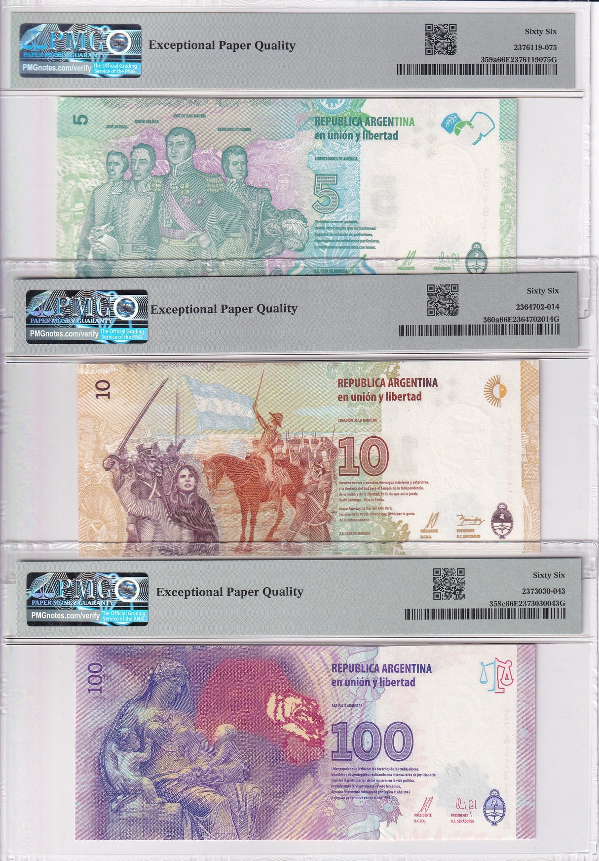 Argentina Set 3; 5 10 100 Pesos 2016 P 358- 360 Superb Gem UNC PMG 66 EPQ