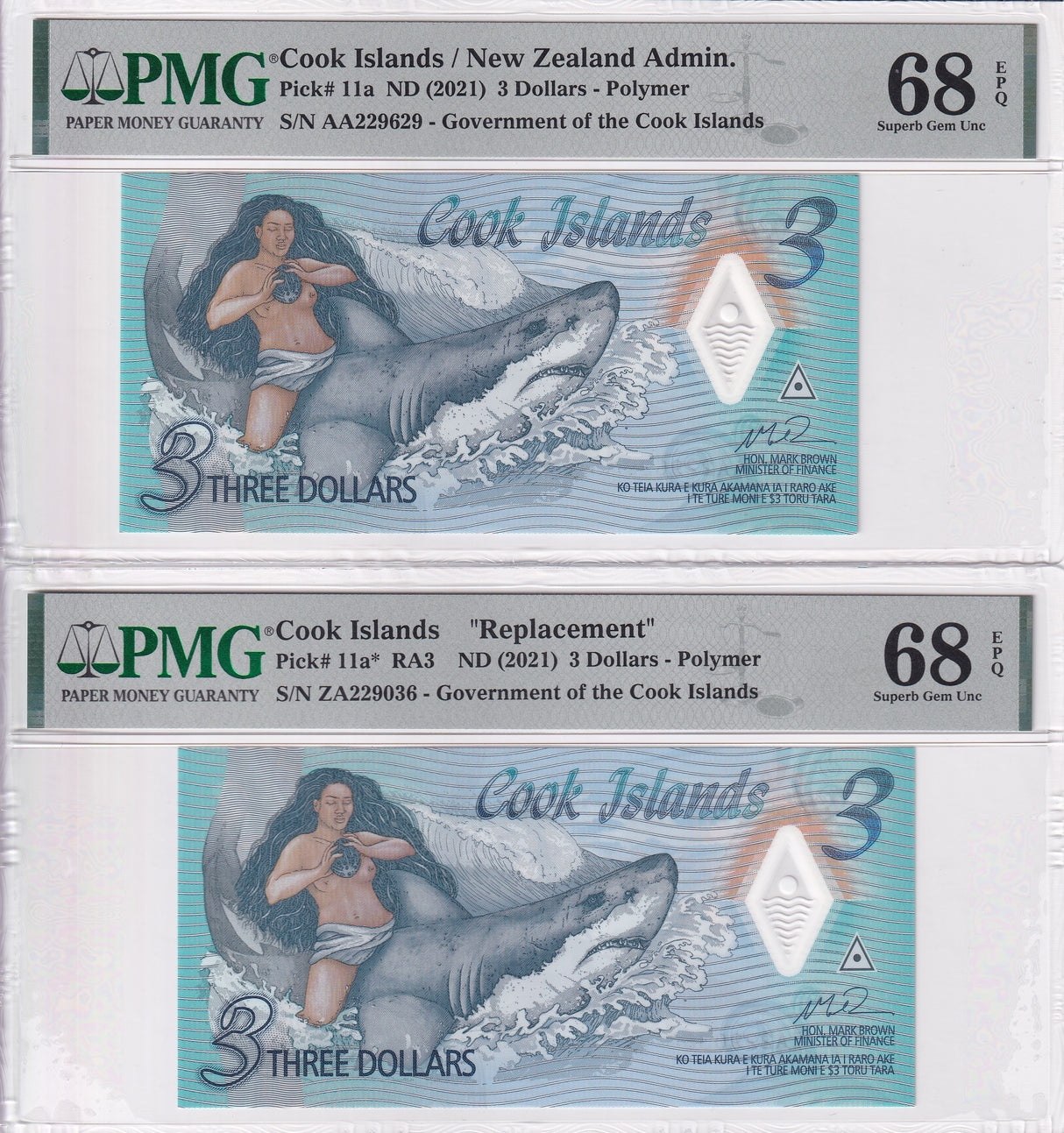 Cook Islands Set 2; 3 Dollars 2021 P 11a P 11a* Superb Gem UNC PMG 68 EPQ