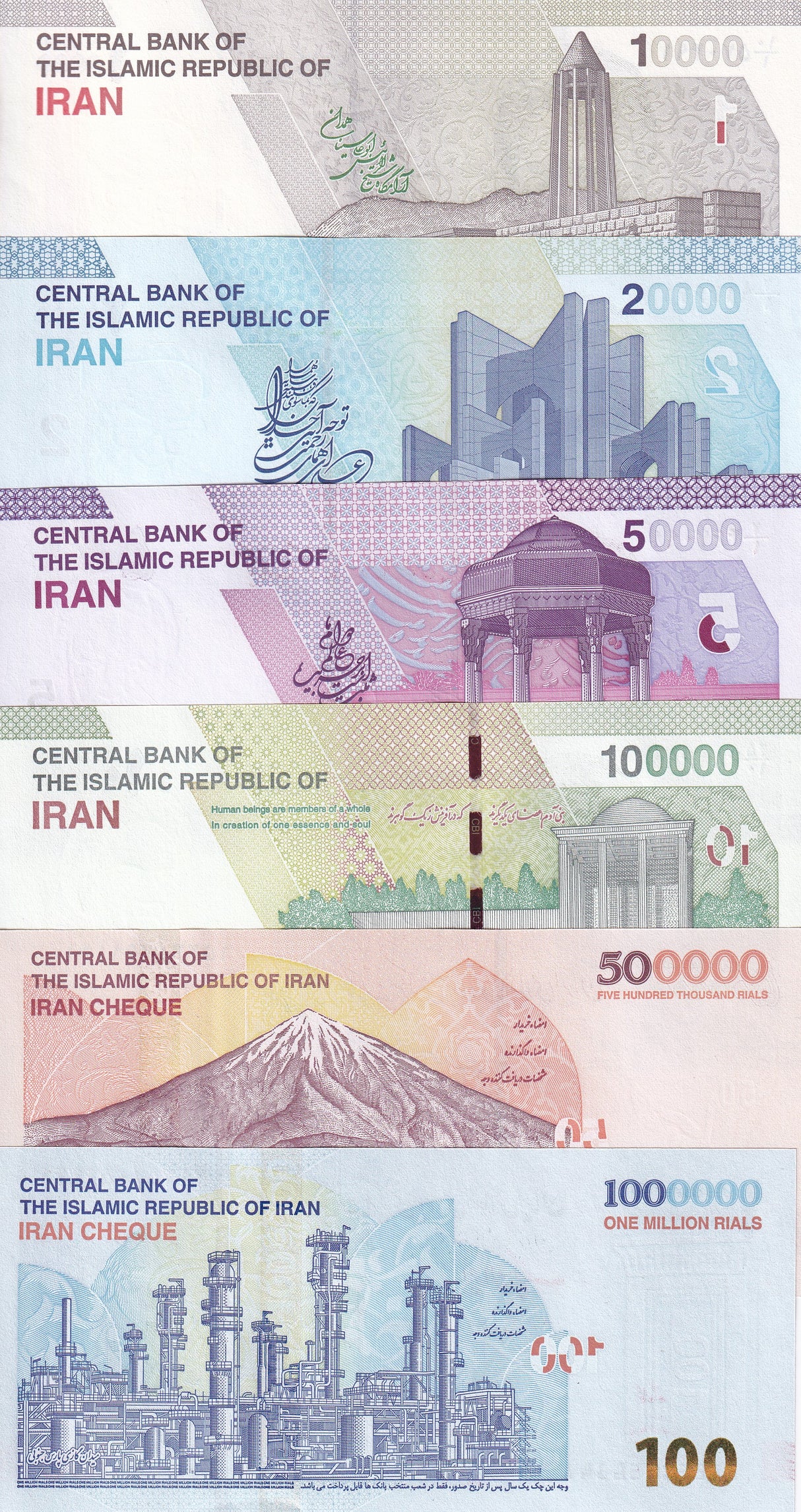Middle East SET 6 UNC 10000-500000 1000000 RIALS 2018-2025 P 160 161 162 163 164 165