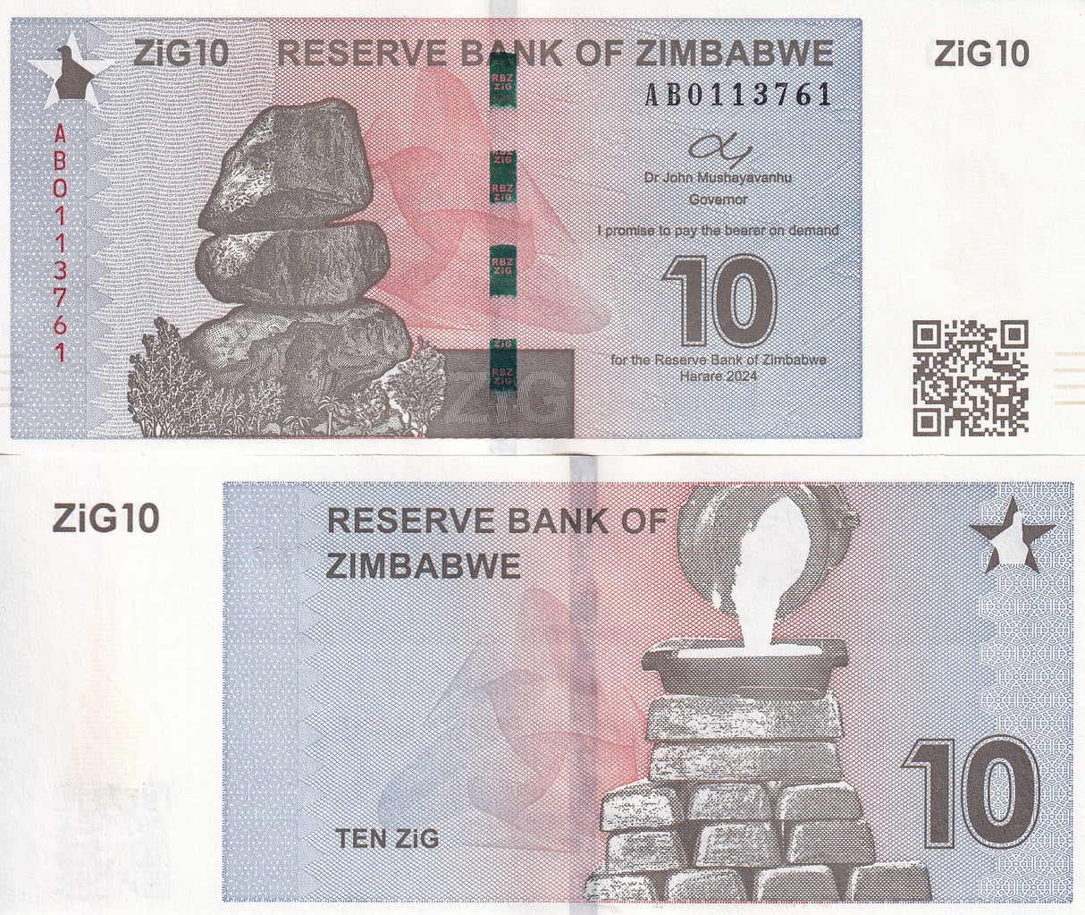 Zimbabwe 10 ZiG 2024 P 110 Gold Reserve Backed UNC With QR Code