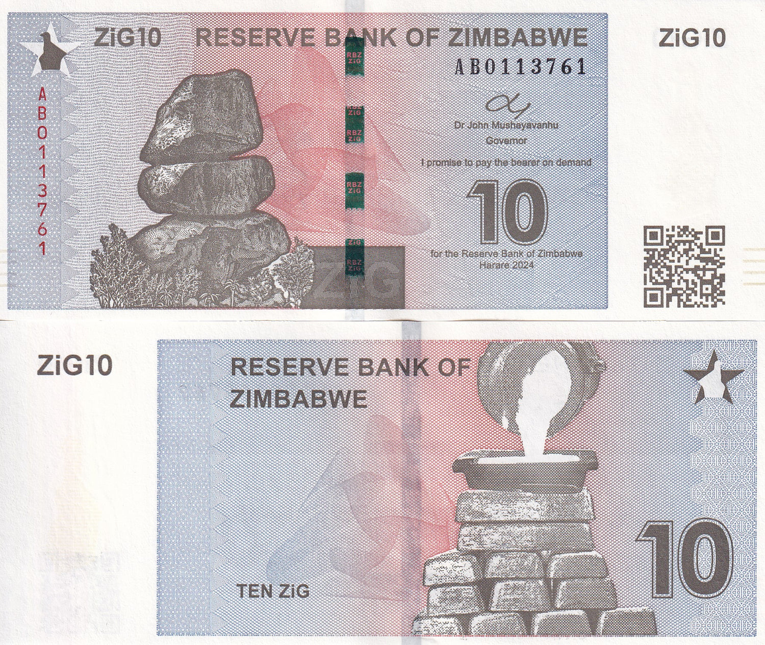 Zimbabwe 10 ZiG 2024 P 110 Gold Reserve Backed UNC With QR Code