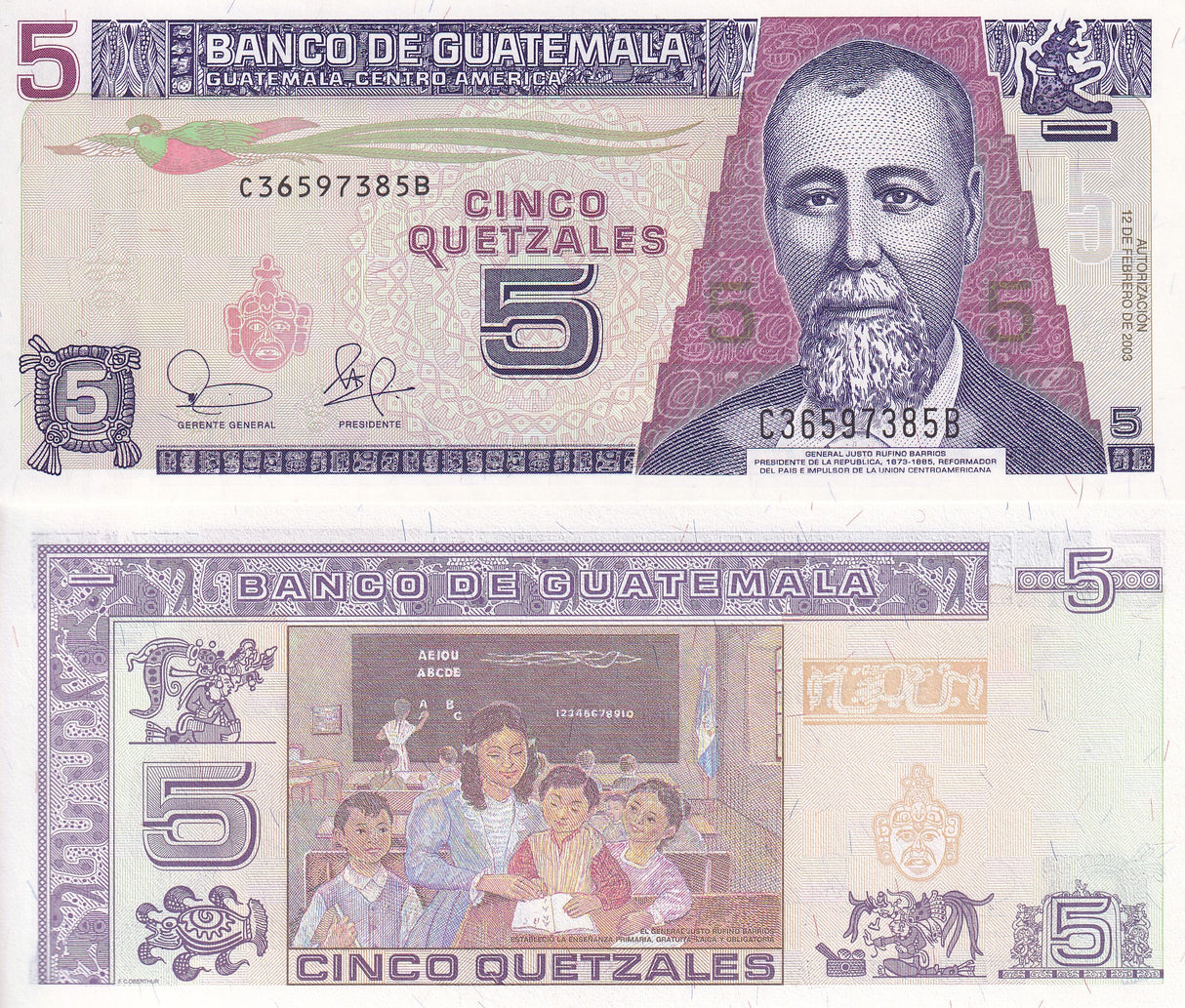 GUATEMALA 5 QUETZAL 2003 P 106 UNC